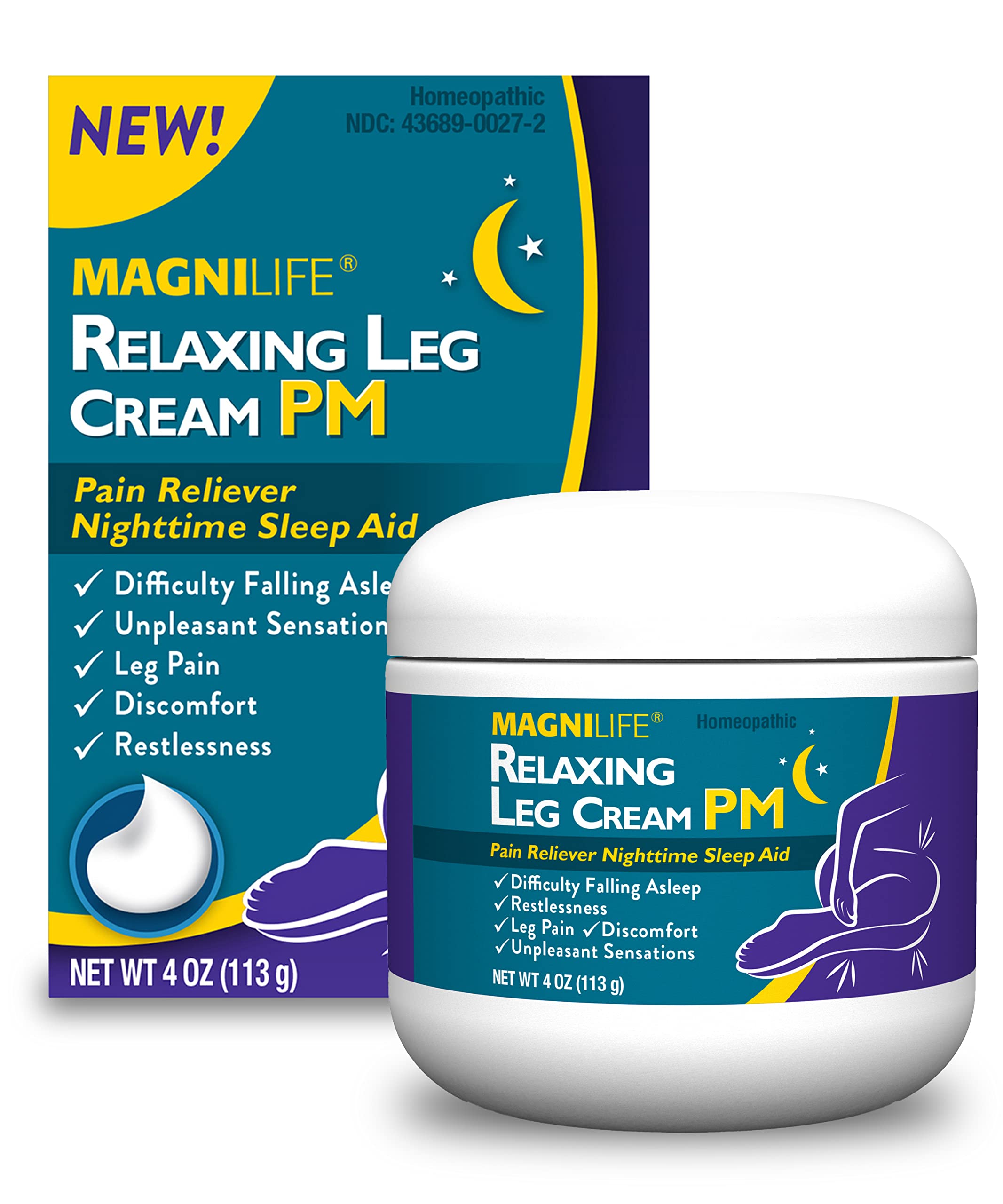 MagniLife Relaxing Leg Cream PM, 4 Oz, Homeopathic Nighttime Pain Reliever & Sleep Aid with Lavender & Magnesium, Non-Greasy Deep Penetrating Cream for Restless Legs & Discomfort MagniLife uk supplements