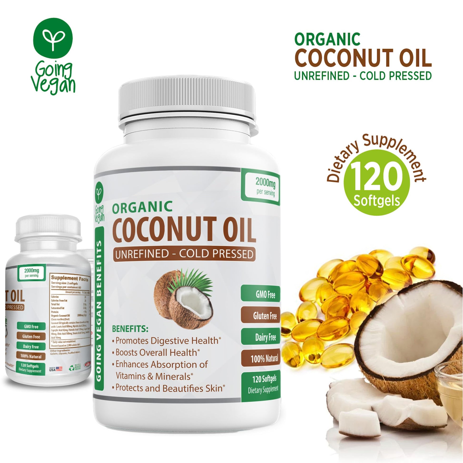 Organic Coconut Oil Capsules 2000mg - 100% Extra Virgin, Cold Pressed for Healthy Skin Going Vegan uk supplements