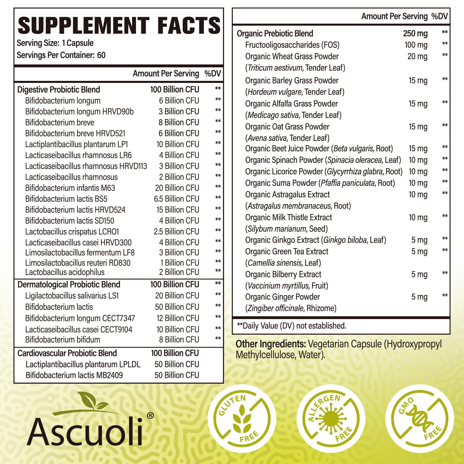 Ascuoli Probiotics for Women & Men - 300 Billion CFU, 24 Strains Probiotics + 15 Organic Herbs Blend, Daily Probiotic for Digestive Health,
