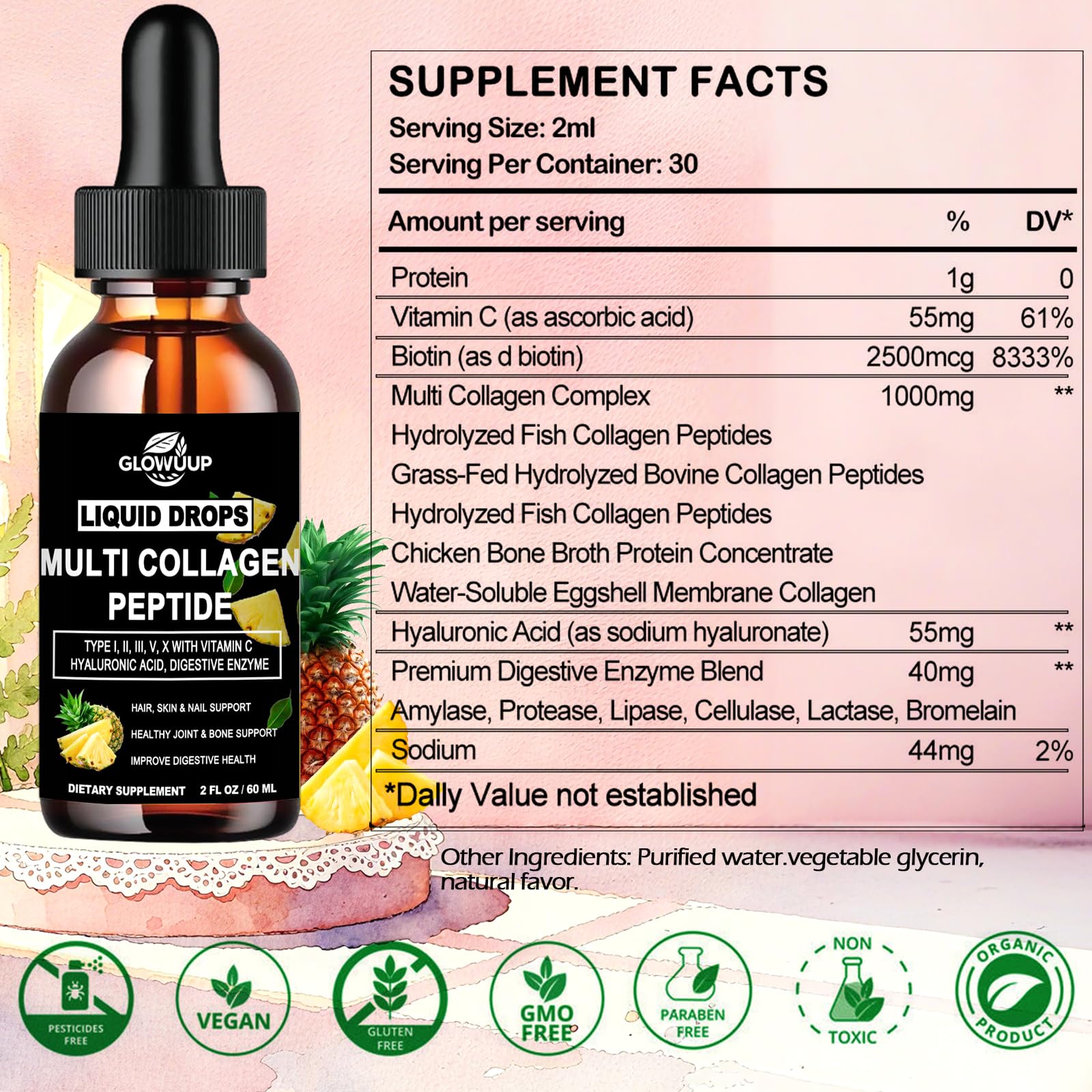 Multi Collagen Peptides Liquid Drops for Women & Men-Type I, II, III, V, X丨Hydrolyzed Collagen Peptides, Collagen Proteins W. Hyaluronic Acid, Biotin & Vitamin C for Hair Skin & Joint Gut Health GLOVVUUP uk supplements