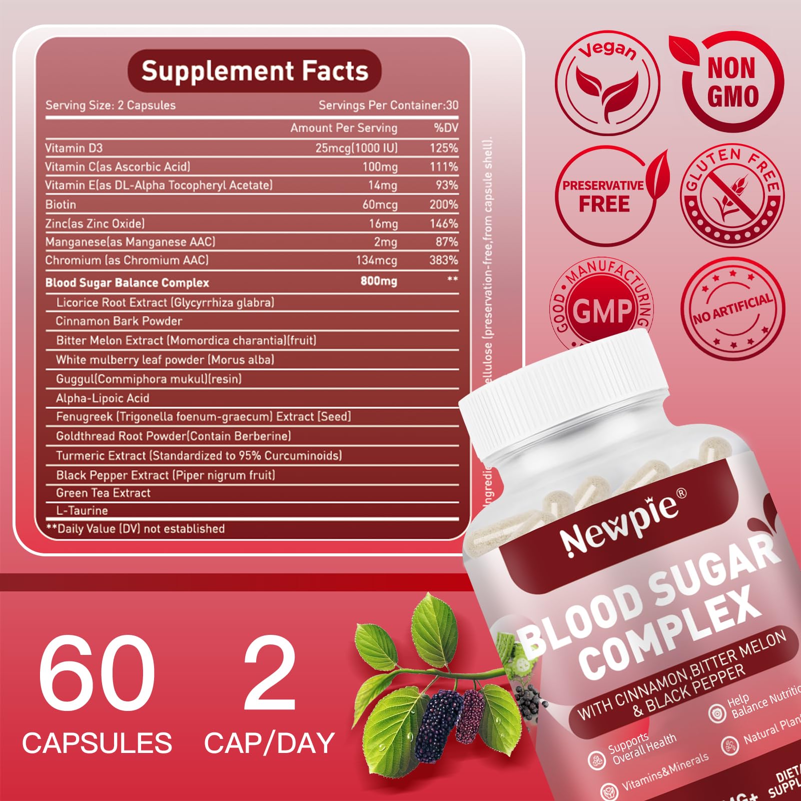 Blood Sugar Complex Supplement – Natural with 20 Active Herbs and Vitamins, Including Cinnamon, Bitter Melon, Black Pepper, Licorice, Vegan, Non-GMO, Gluten-Free, 60 Capsules HOWEEJET uk supplements