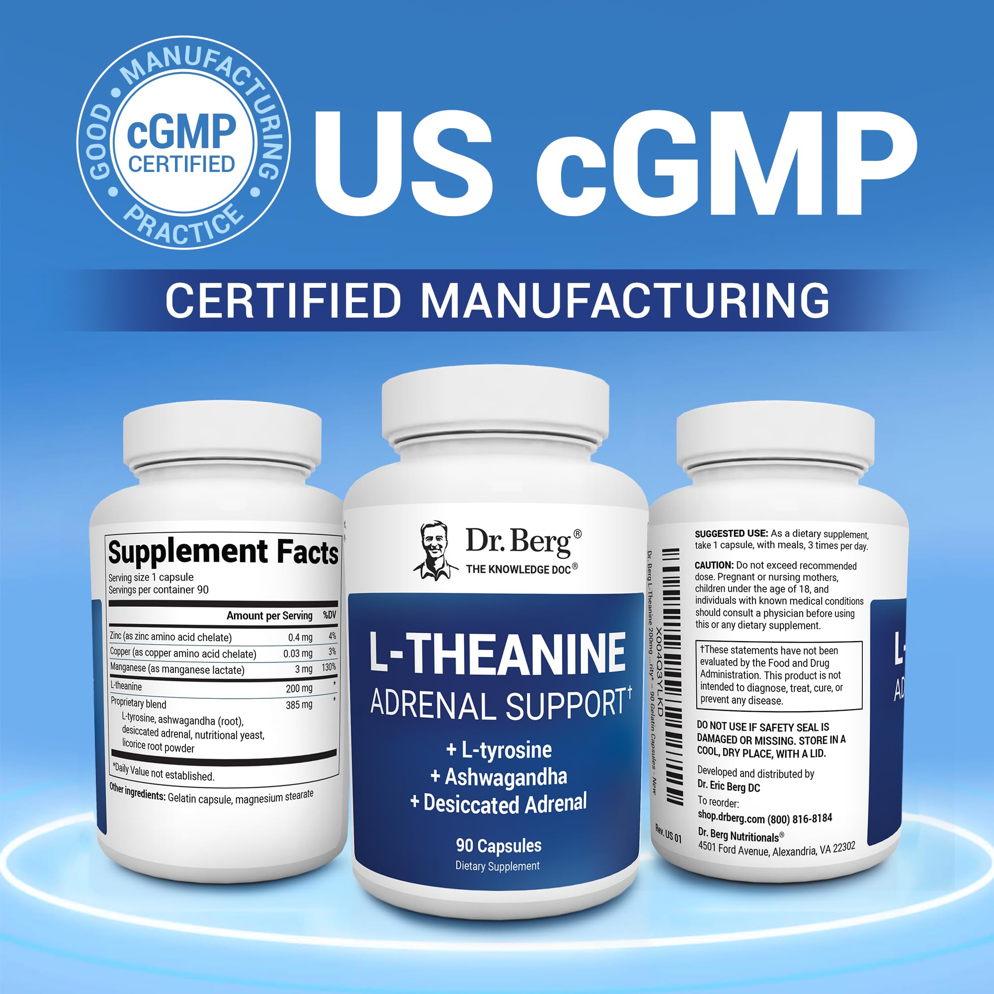 Dr. Berg L-Theanine 200mg - Includes Zinc, Copper, L-Tyrosine, & Ashwagandha – L-Theanine Supplement Adrenal Support - for Relaxation, Stress Relief, and Mental Clarity* – 90 Gelatin Capsules Dr. Berg Nutritionals uk supplements
