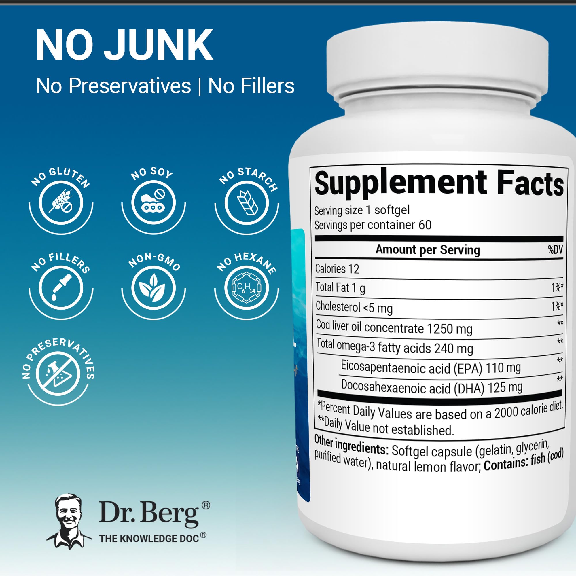 Dr. Berg Omega-3 Cod Liver Fish Oil 60 Softgels – Wild-Caught Icelandic Cod – Omega 3 EPA & DHA – Heart, Brain, Immune & Eye Support* – Lemon Flavor – 4X Lab-Tested – Non-GMO, No Fillers Dr. Berg Nutritionals uk supplements