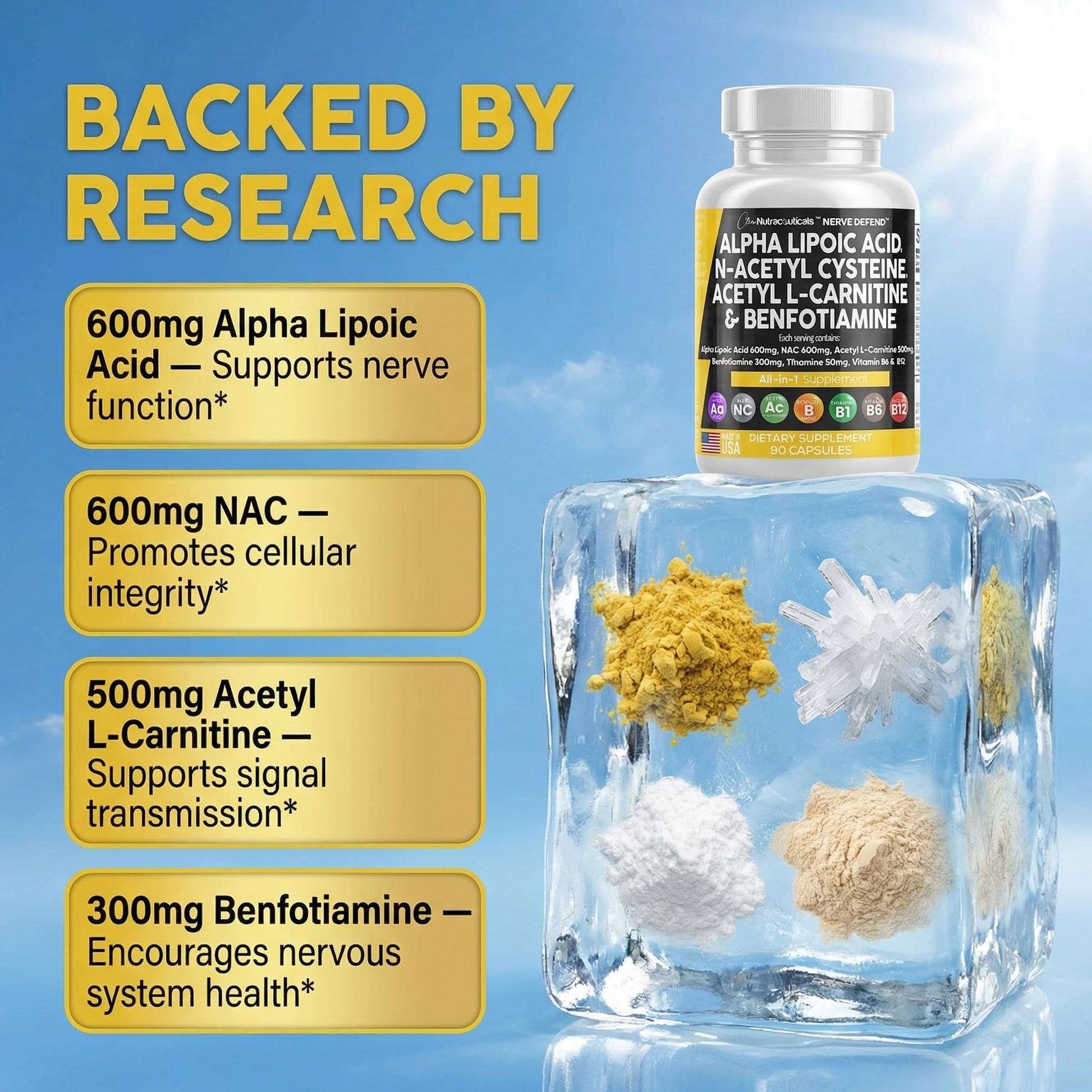 Alpha Lipoic Acid 600mg N-Acetyl Cysteine 600mg Acetyl L-Carnitine 500mg Benfotiamine 300mg - Nerve Support Supplement for Women and Men with Vitamin B1 B6 & B12 - Made in USA 90 Caps Clean Nutraceuticals uk supplements