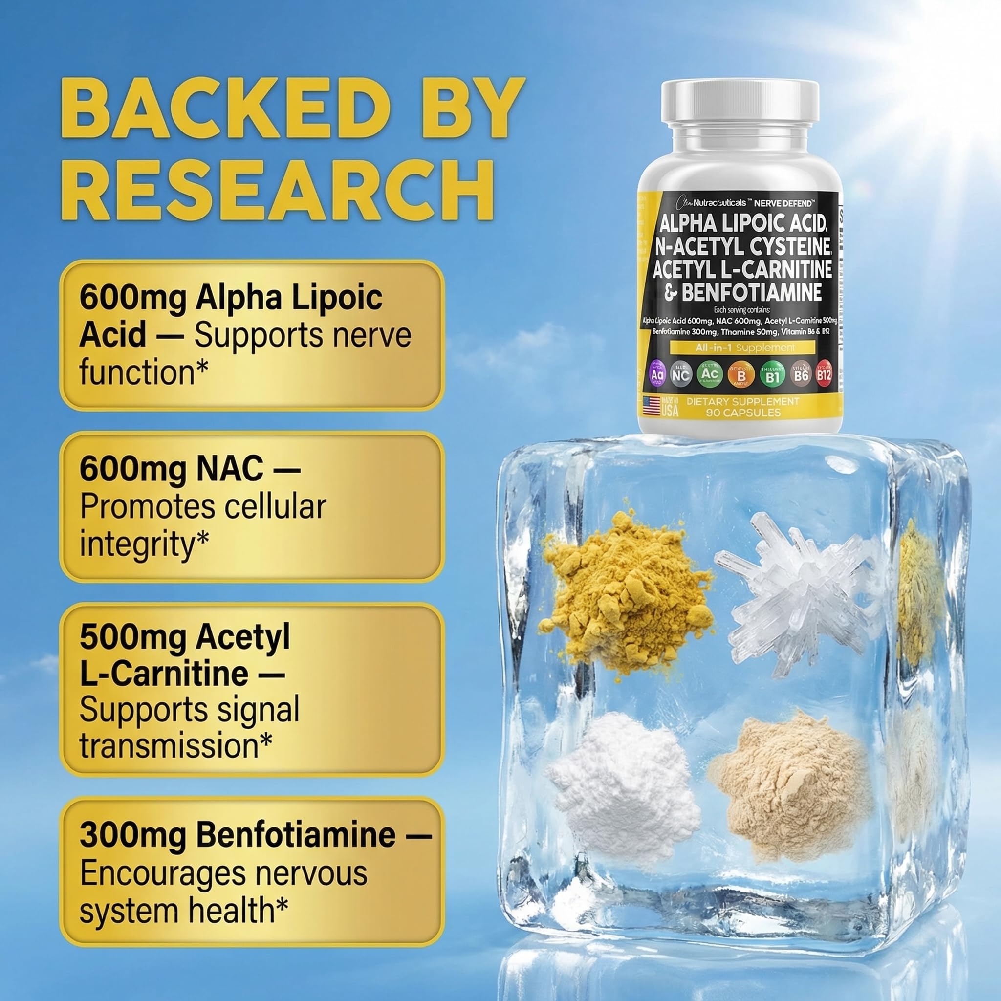 Alpha Lipoic Acid 600mg N-Acetyl Cysteine 600mg Acetyl L-Carnitine 500mg Benfotiamine 300mg - Nerve Support Supplement for Women and Men with Vitamin B1 B6 & B12 - Made in USA 90 Caps Clean Nutraceuticals uk supplements
