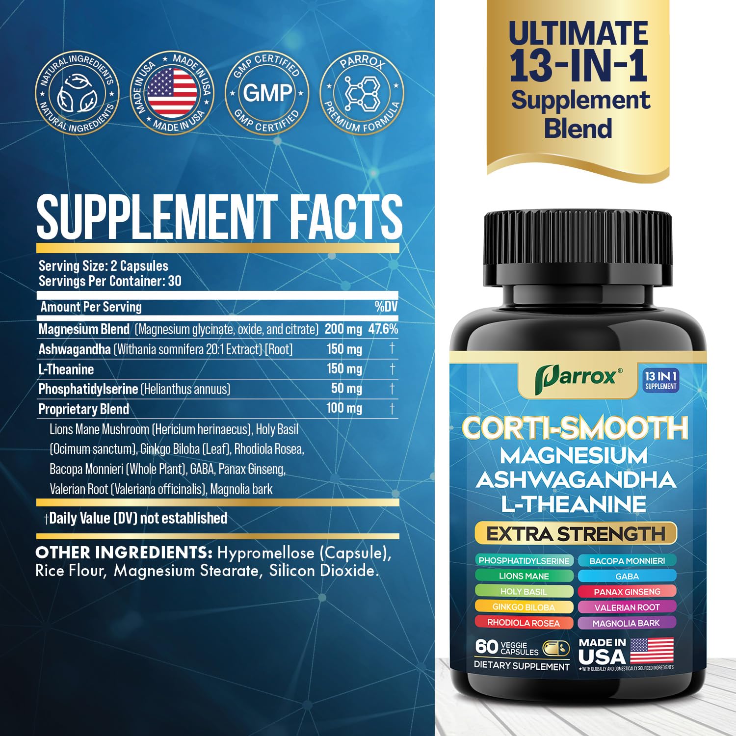 Parrox Corti-Smooth Cortisol Supplement Magnesium, L-Theanine, Ashwagandha, Phosphatidylserine, Valerian Root, Lions Mane, Bacopa Monnieri, Ginkgo Biloba, Panax Ginseng, Magnolia Bark, GABA (60 Caps) Parrox uk supplements
