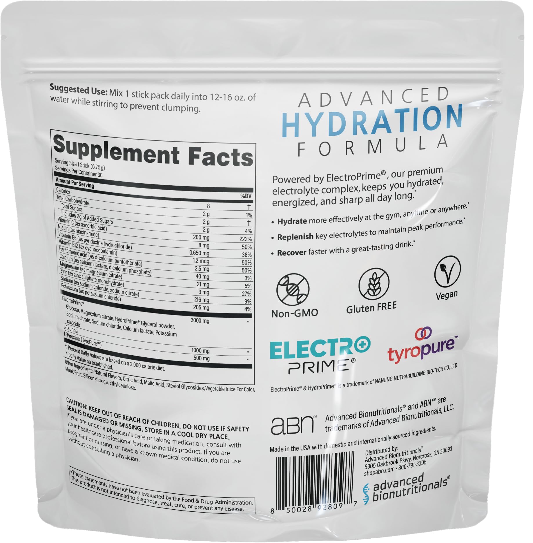 Advanced Bionutritionals Advanced Hydration Formula Electrolyte Drink Mix Powder with ElectroPrime®, L-Taurine, TyroPure™, B-Vitamins, Vitamin C – Strawberry Watermelon – 30 Stick Packs Advanced Bionutritionals uk supplements
