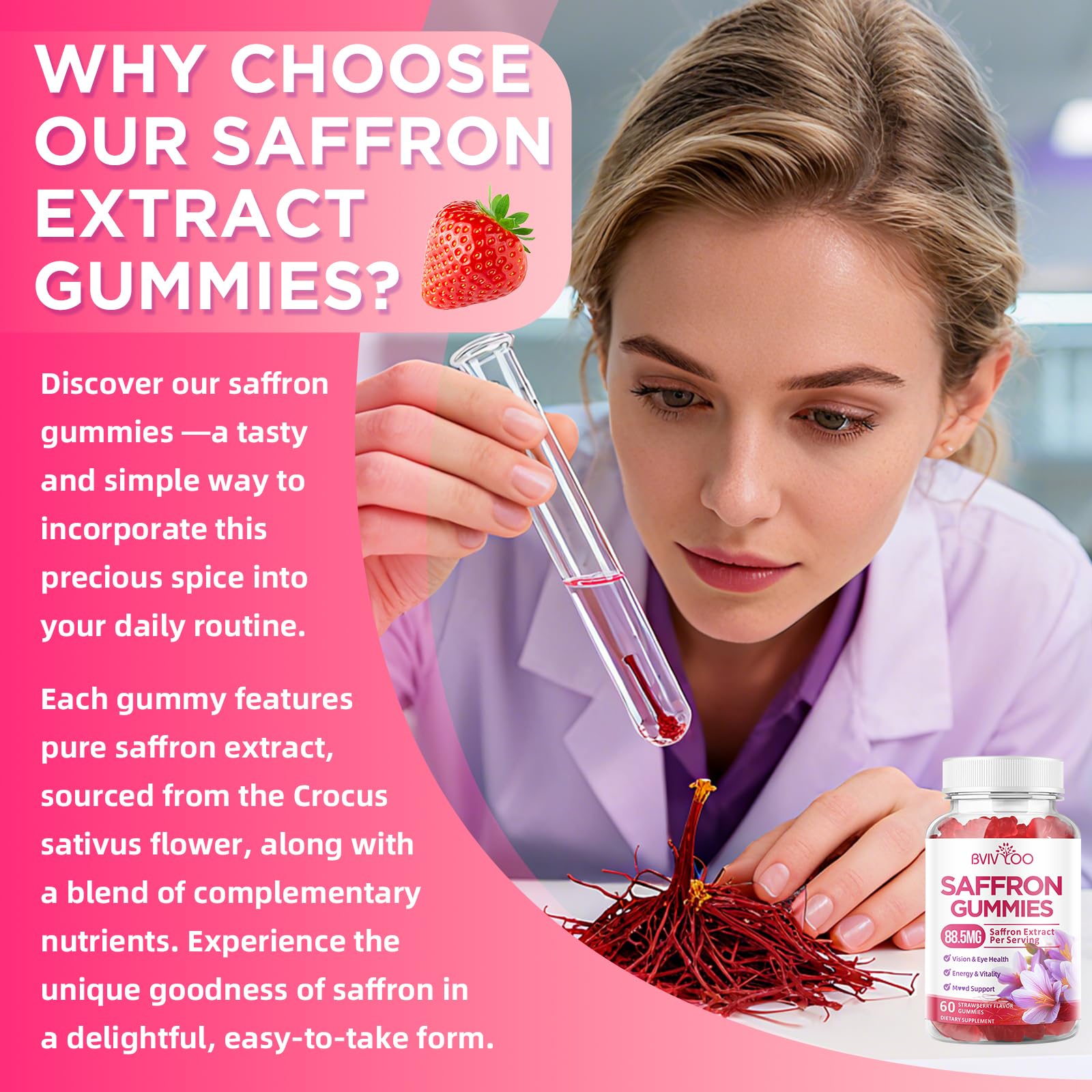 Saffron Gummies for Adult Kids, 10-IN-1 Formula with Saffron 88.5mg, Vitamins D3 & B6, Magnesium, Zinc, Ashwagandha, L-Theanine, St. John's Wort - Supports Mood & Focus, Strawberry Flavor, 60 Count BVIVLOO uk supplements