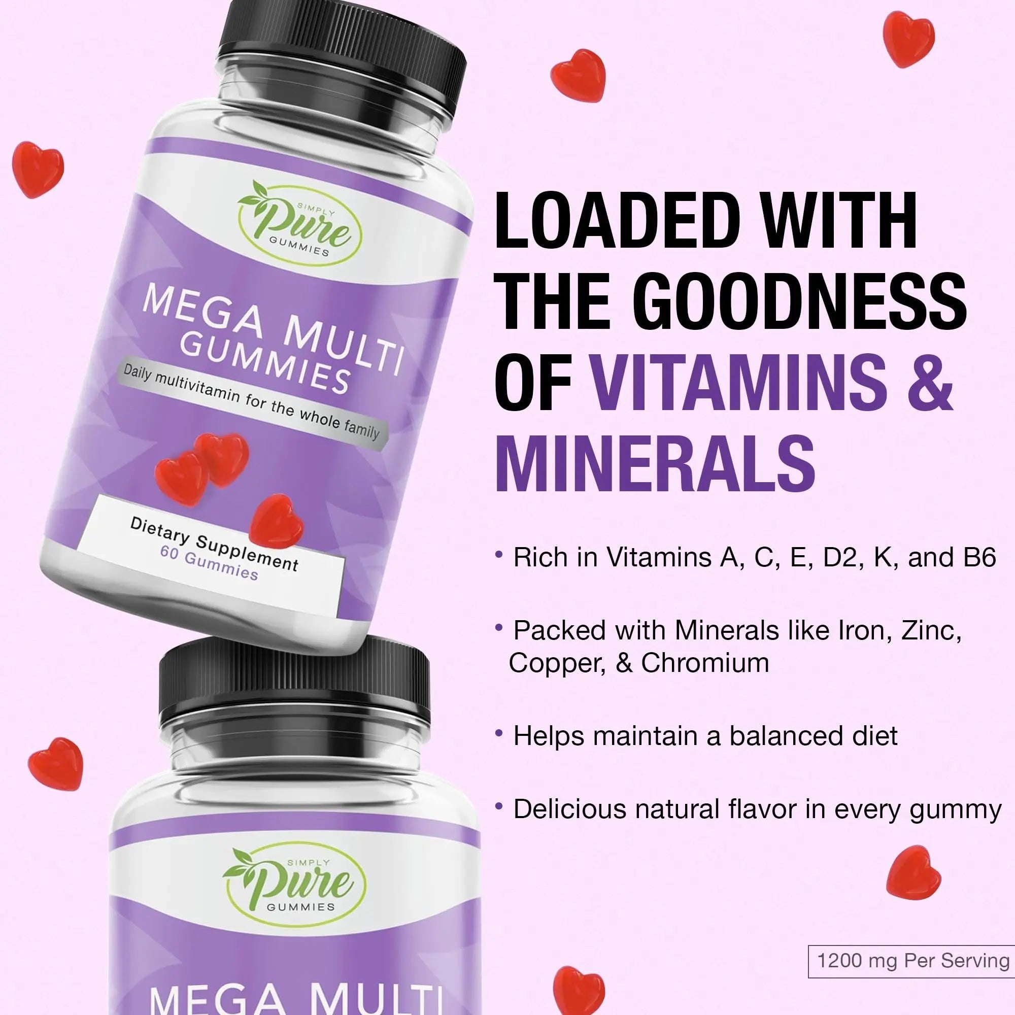 Pure By Nature Mega Multi Gummies, Multivitamin Gummies for Women & Men, Kids Multivitamin Gummies with A, D2, C, E, K, Biotin Pure By Nature uk supplements