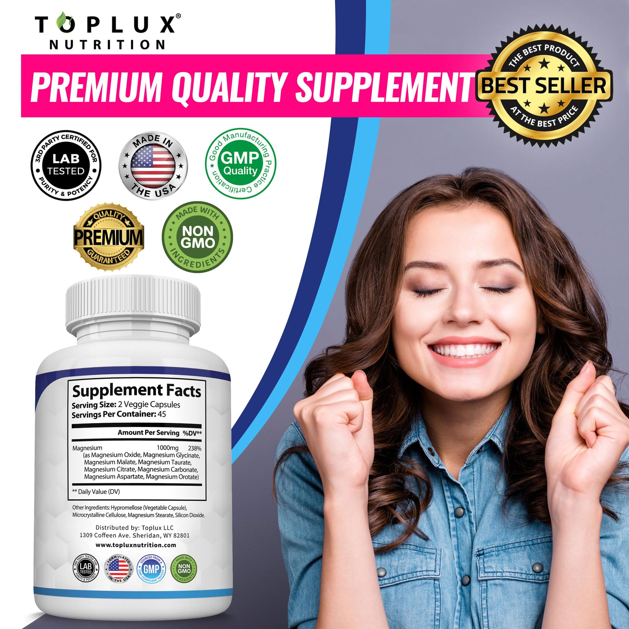 Magnesium Complex Supplement 8 Elemental 1000mg - Magnesium Glycinate, Citrate, Malate, Taurate, Chelated for Easy Absorption for Bones, Muscle, Recovery, Energy, Vegan Non-GMO 90 Capsules Toplux uk supplements