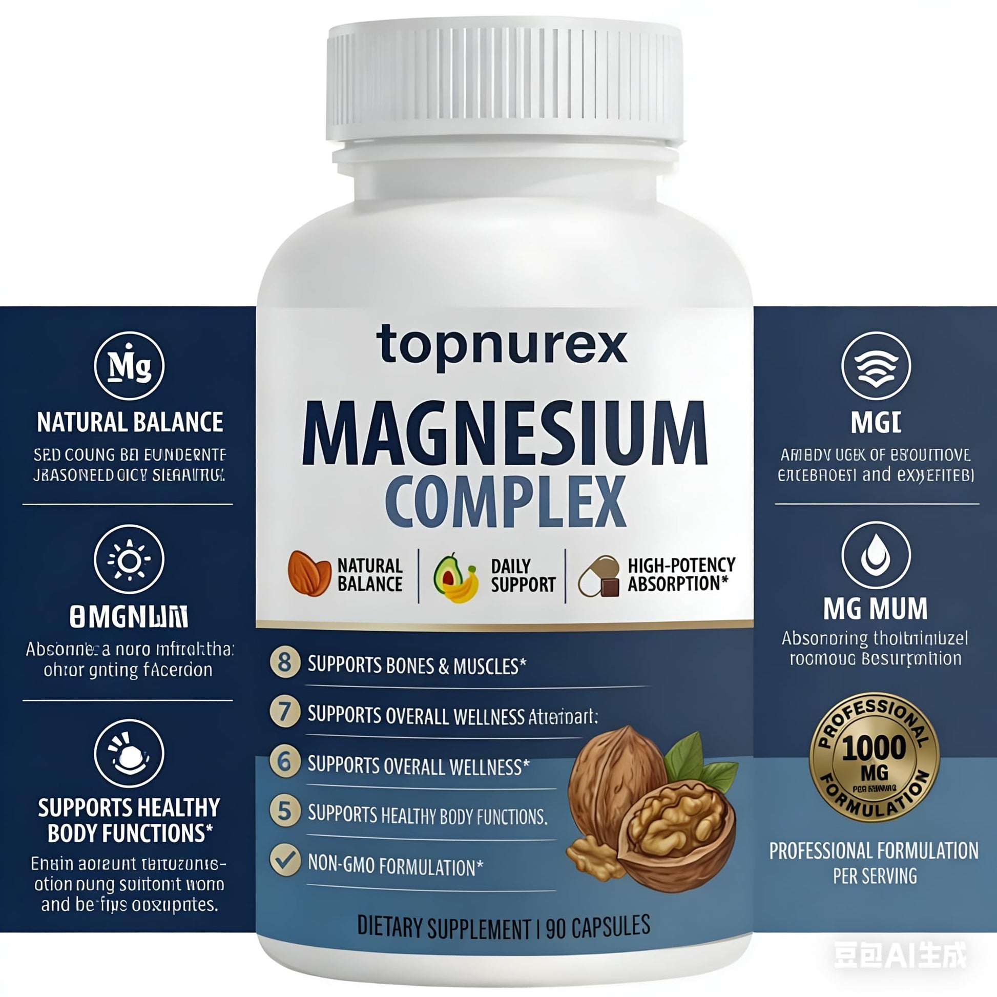 Topnurex Magnesium Complex for Women & Men - 1000mg High Absorption, 8 Essential Magnesium, 90 Capsules Topnurex uk supplements