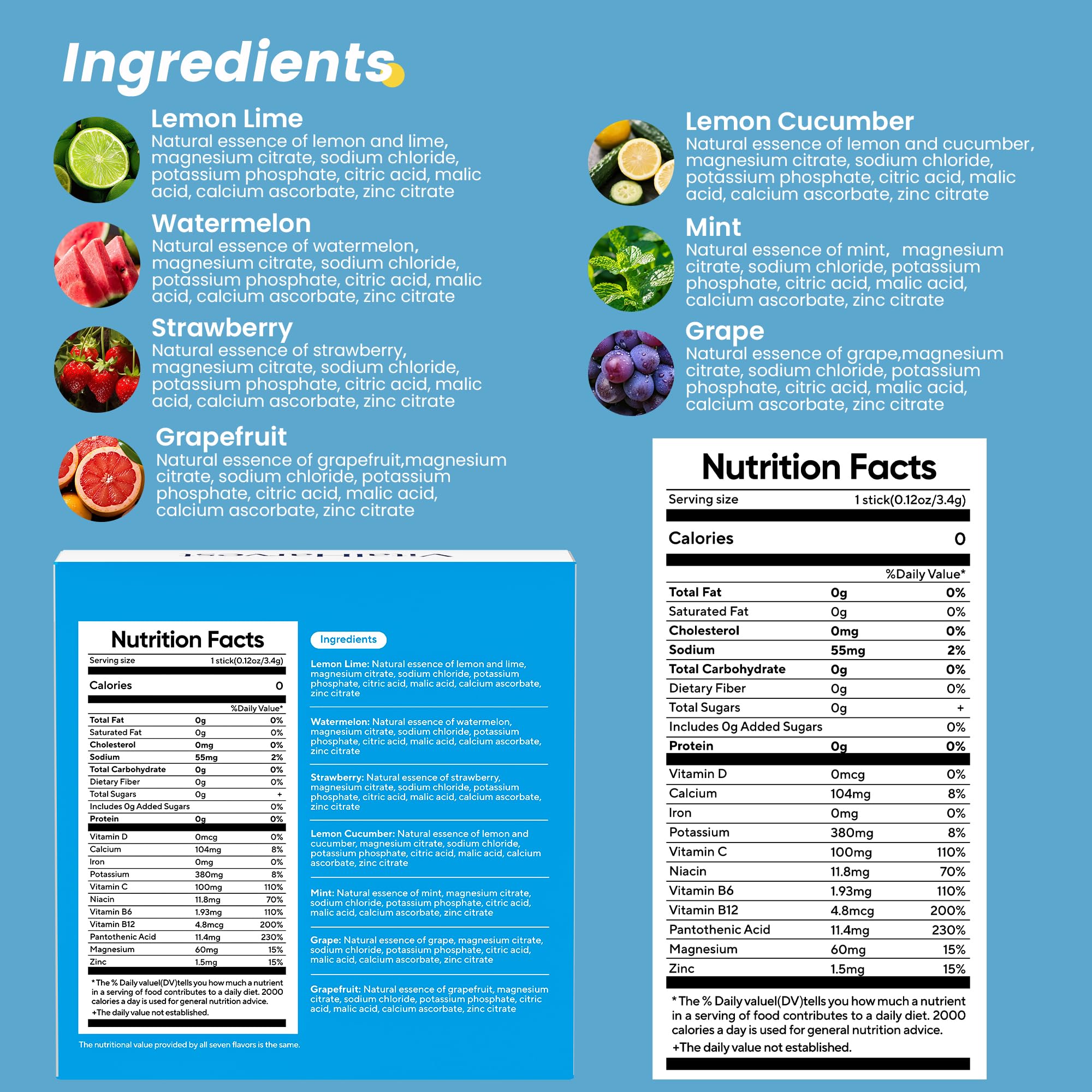 24 Sticks Electrolytes Powder Packets 7 Flavors Sugar Free Hydration Packets Liquid Daily IV Drink Mix, Low Sodium, Lemon Lime, Watermelon, Strawberry, Grape VitalHarvest uk supplements