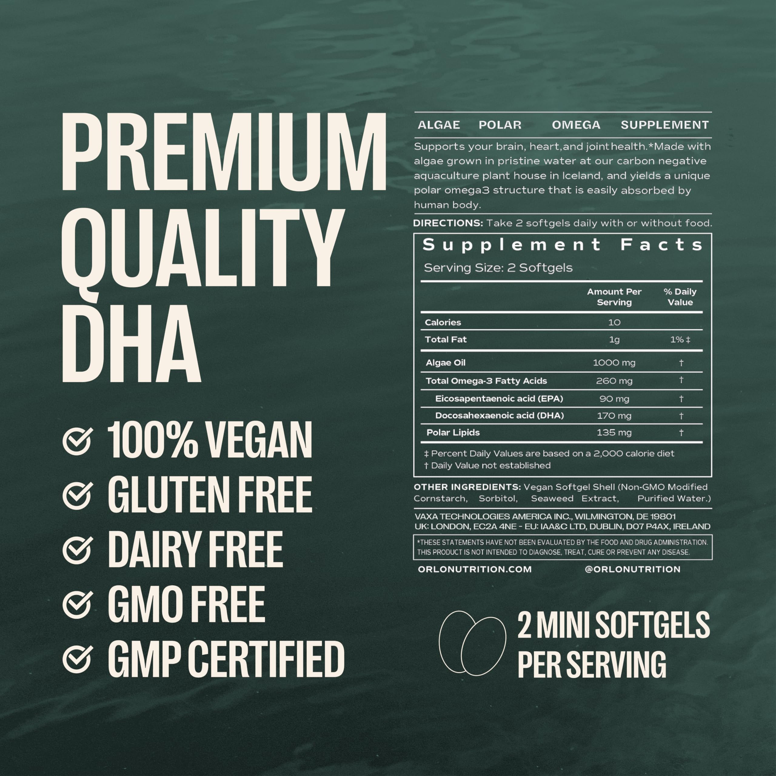 Orlo DHA Supplement 1000mg - 3X Absorption Natural Icelandic Nordic Omega 3 DHA & EPA for Brain & Eye Support – Vegan Fish Oil Alternative, No Fishy Aftertaste, 60 Easy-to-Swallow Mini Softgels Orlo uk supplements