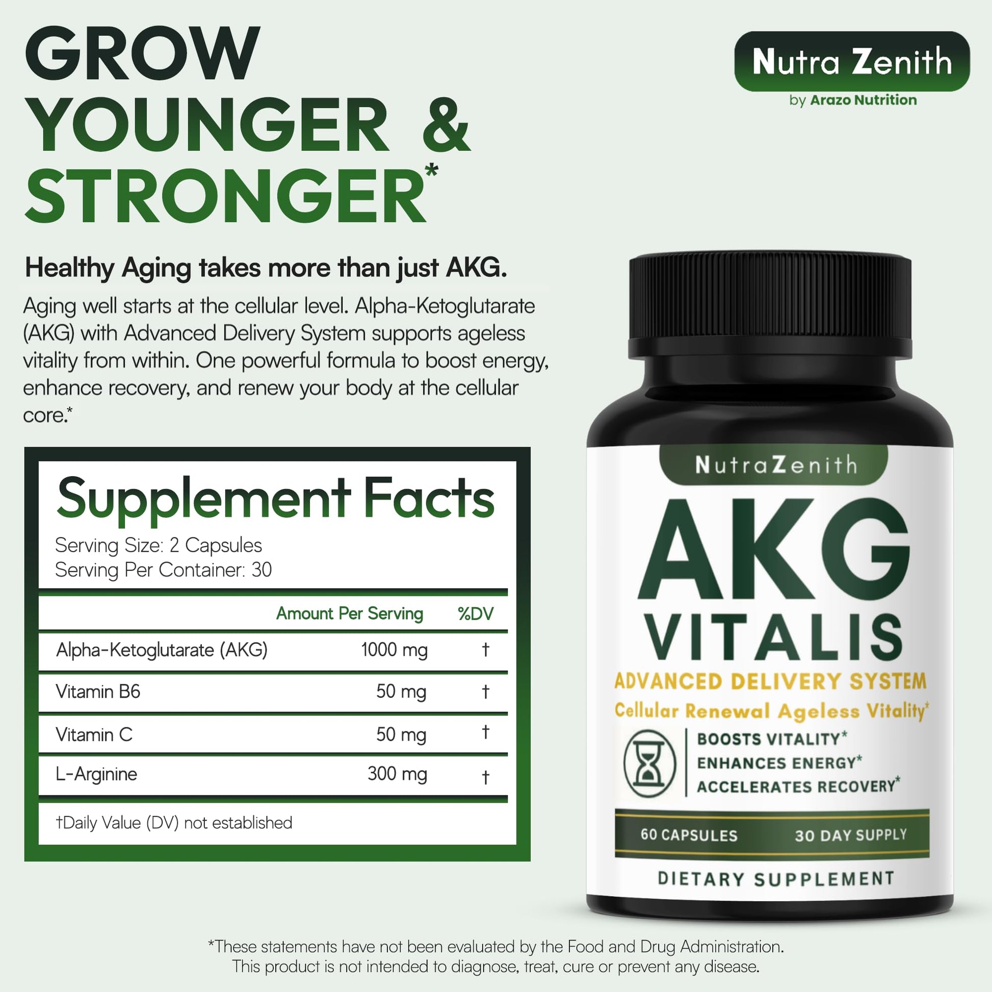 AKG Anti-Aging & Energy Boost Supplement with Vitamin B6, Vitamin C & L-Arginine – 60 Capsules for Youthful Skin, Cellular Renewal & Vitality Support Arazo Nutrition uk supplements