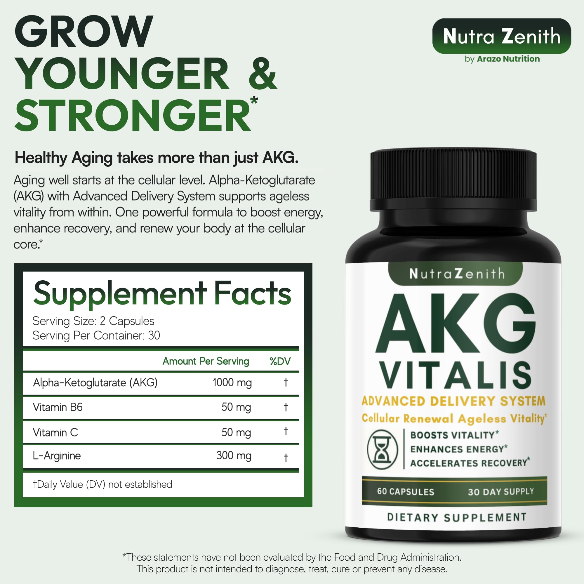 AKG Anti-Aging & Energy Boost Supplement with Vitamin B6, Vitamin C & L-Arginine – 60 Capsules for Youthful Skin, Cellular Renewal & Vitality Support Arazo Nutrition uk supplements