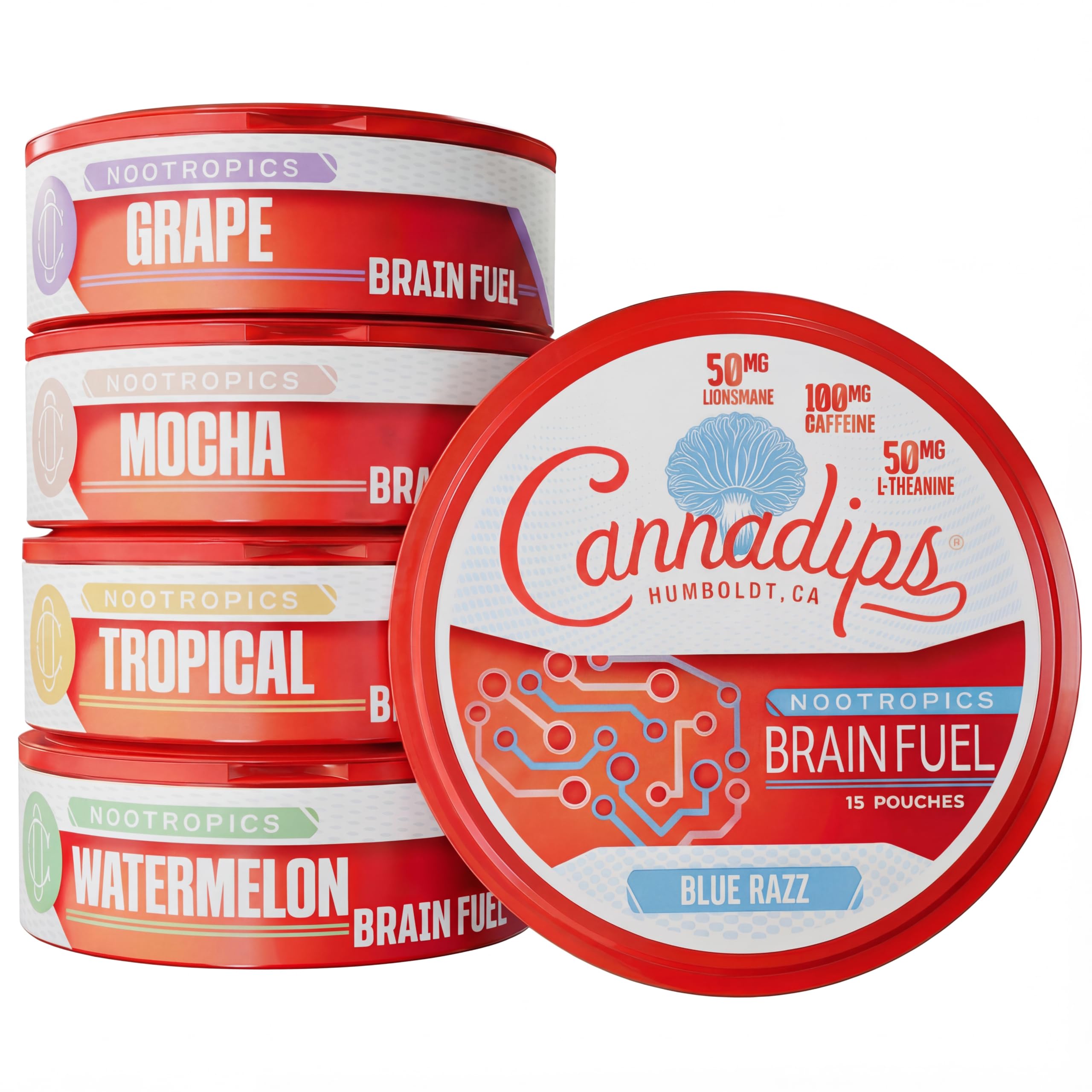 Cannadips - Brain Fuel Variety Pack - Nootropic Caffeine Pouches - 50mg Lion's Mane, 100mg Caffeine, 50mg L-Theanine, No Sugar - Clean Energy Brain Fuel for Cognitive Performance, Made in USA (5-PACK) Cannadips uk supplements