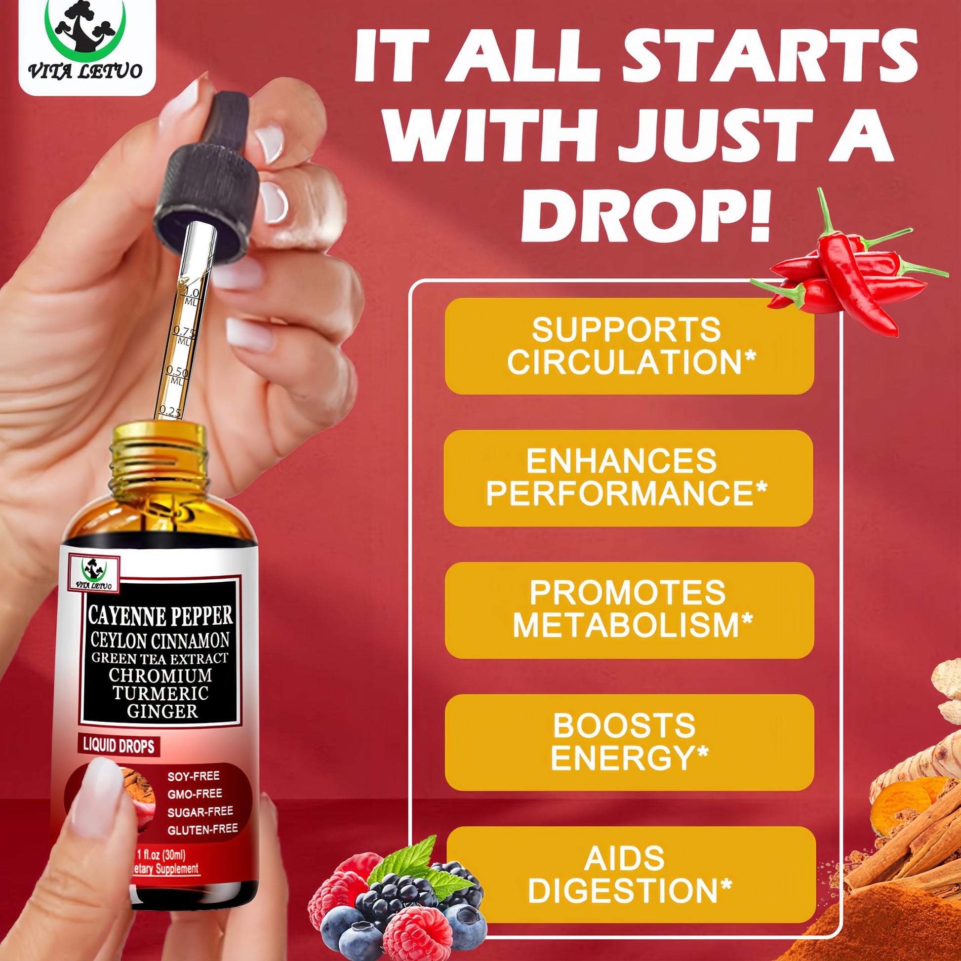 Cayenne Pepper Drops, High Absorption 6-in-1 Liquid Cayenne Pepper Supplement w/Ceylon Cinnamon, Green Tea Extract, Turmeric, Organic Liquid Drops Than Cayenne Capsules Powder Vita letuo uk supplements