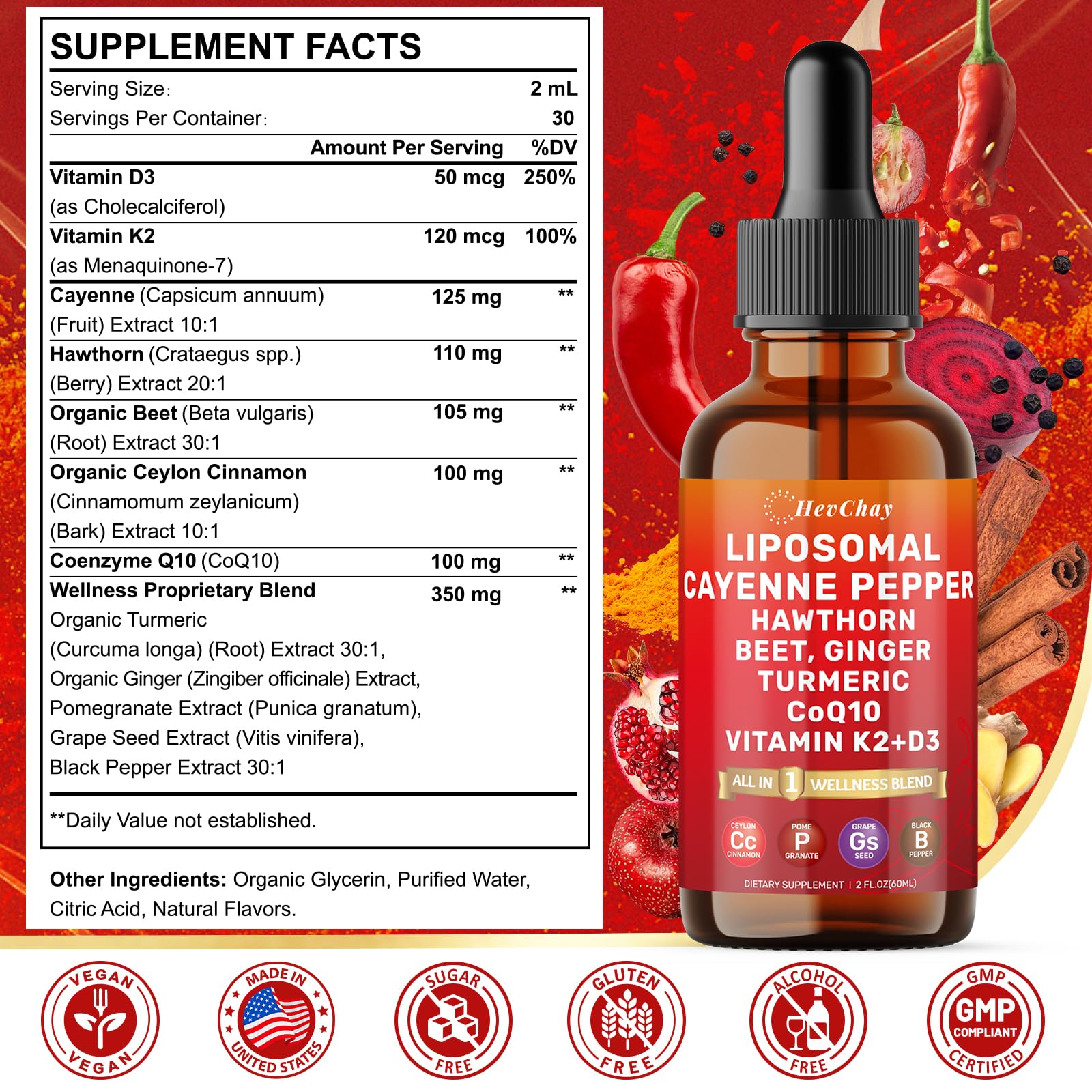 Cayenne Pepper Drops Liposomal Supplement Liquid + Hawthorn Berry, Vitamin D3 K2 Beet Root Powder, Ceylon Cinnamon, CoQ10, Turmeric Curcumin, Cayenne Pepper Extract - 2oz HevChay uk supplements