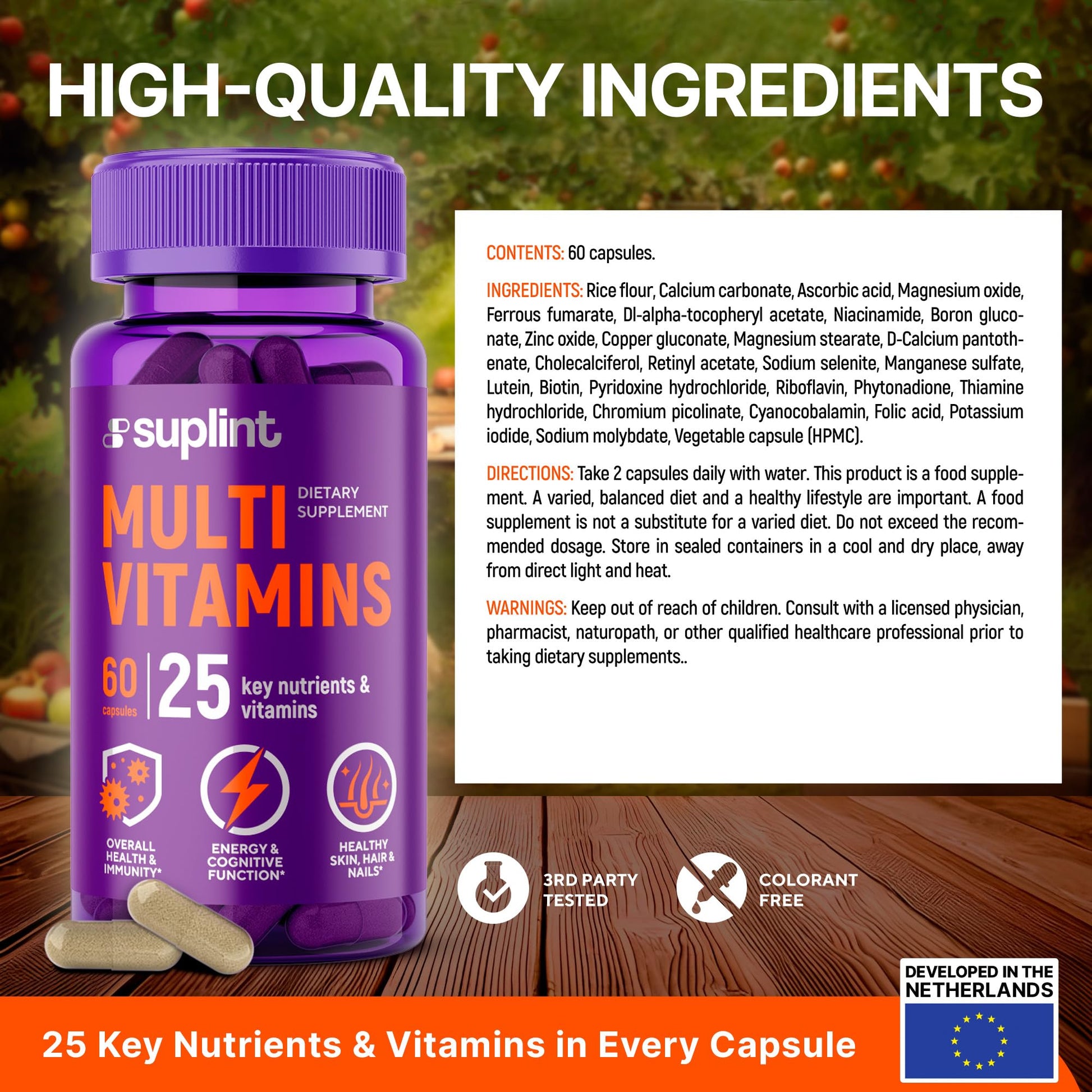 Multivitamin Supplement | Complex with Vitamin A, C, D, E, K1, B, Zinc & Chromium | Hair, Skin & Nail Beauty Vitamins | Immune Support Supplements for Men & Women | 60 Capsules SUPLINT uk supplements