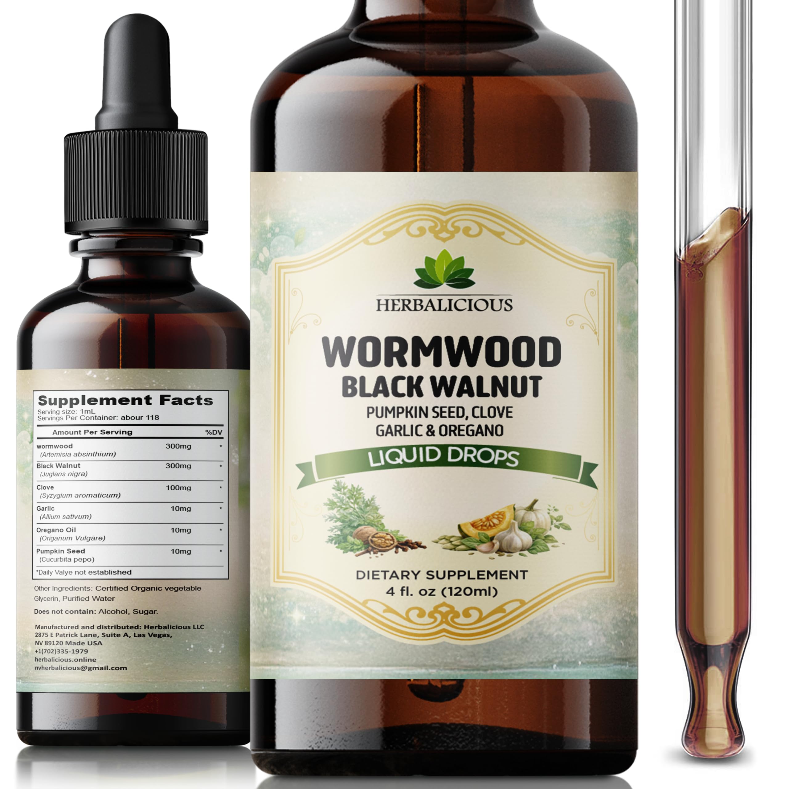 HEBRALICIOUS Wormwood Black Walnut Liquid Drops – Herbal Blend with Pumpkin Seed, Clove, Garlic & Oregano Oil – Alcohol Free Herbal Tincture – Liquid Dietary Supplement, 4 fl oz (120ml) HERBALICIOUS uk supplements