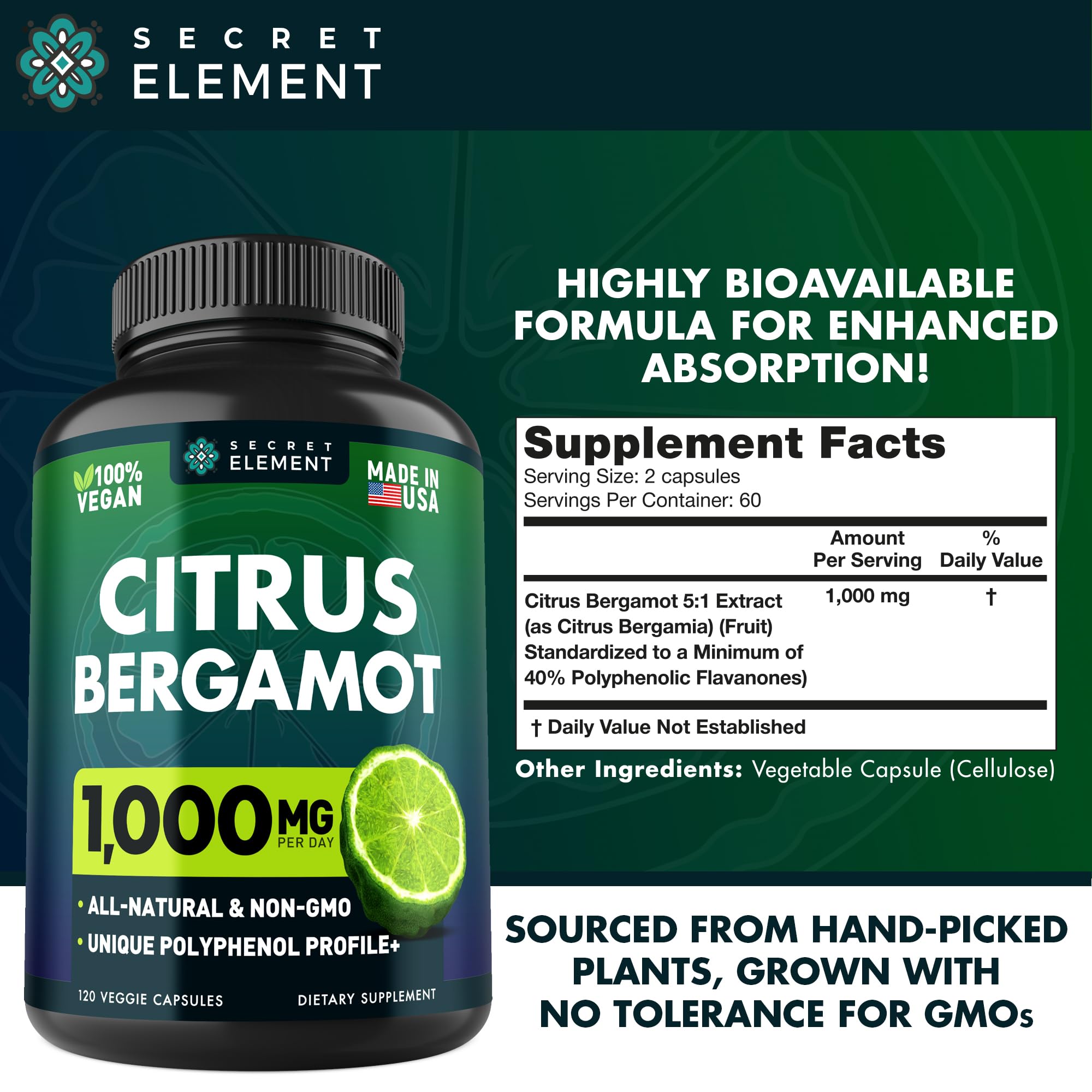 Citrus Bergamot Extract 1000mg - Citrus Bergamot Supplement for Heart, Immune System Secret Element uk supplements