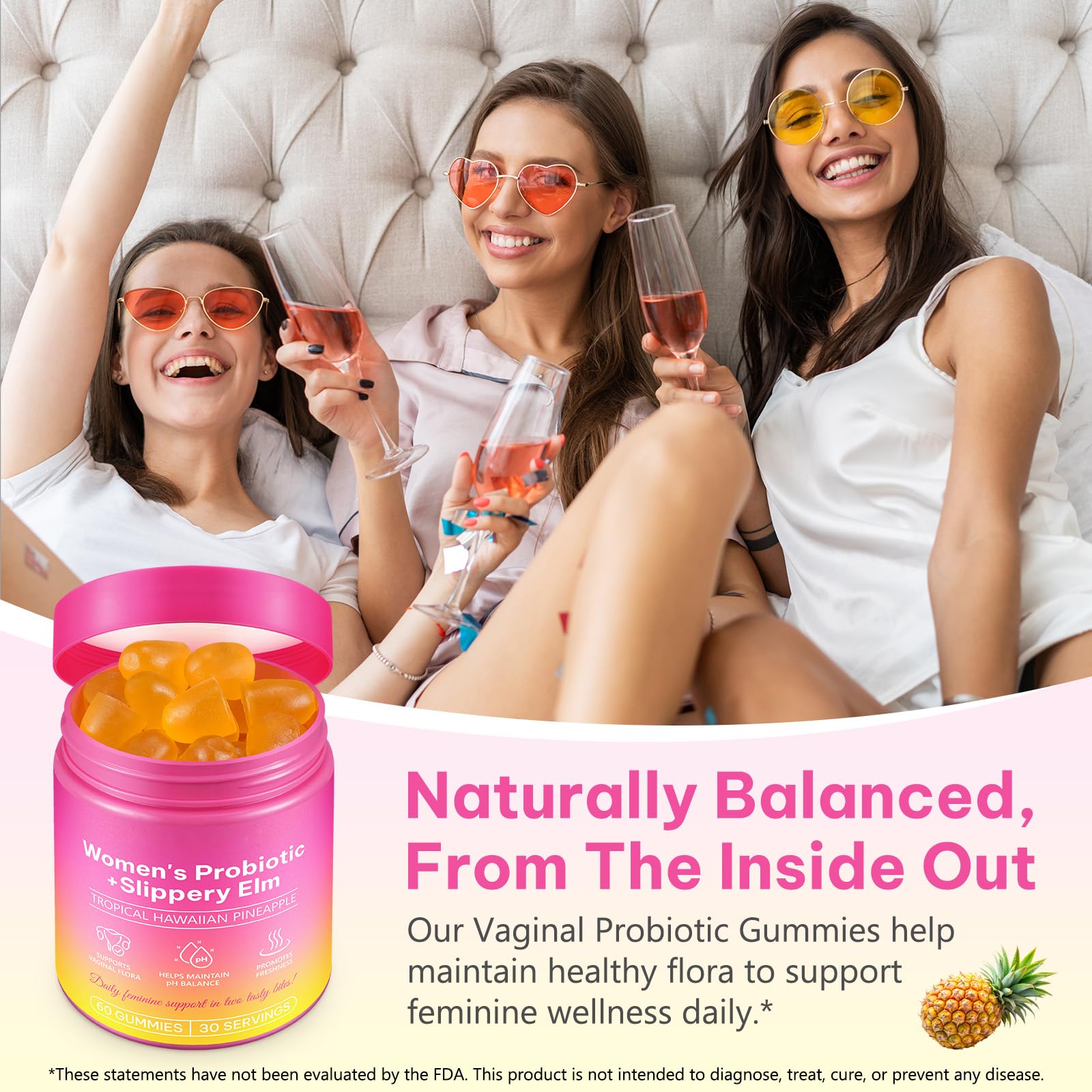 WeiWeiLa Feminine Probiotics Gummies for Women Probiotic Gummies with Slippery Elm | Natural Pineapple Flavor | Supports Feminine pH Balance & Comfort | 60 Vegan Gummie for Daily Wellness WeiWeiLa uk supplements