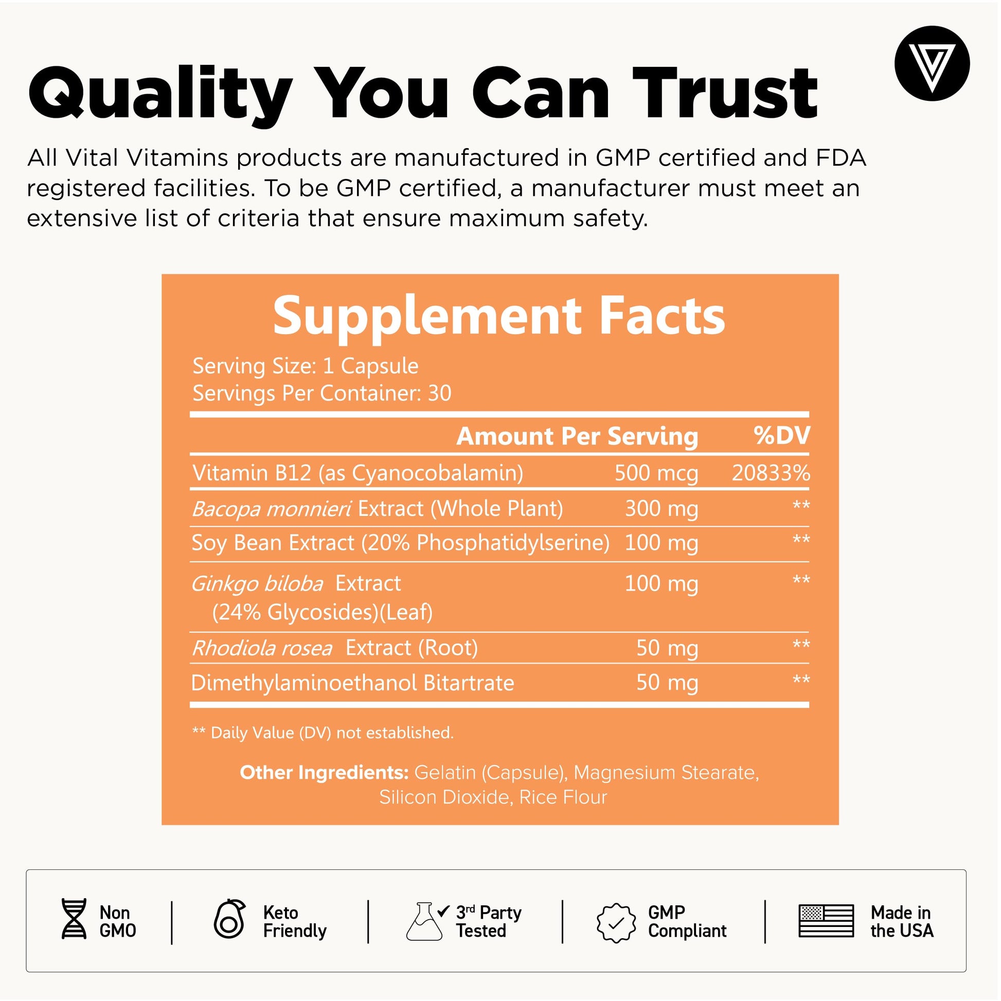 Vital Vitamins Brain Supplements with Bacopa Monnieri - for Memory and Focus – Nootropic Brain Booster - Caffeine-Free Support for Adults & Seniors – Non-GMO, 30-Day Supply, 30 Capsules Vital Vitamins uk supplements