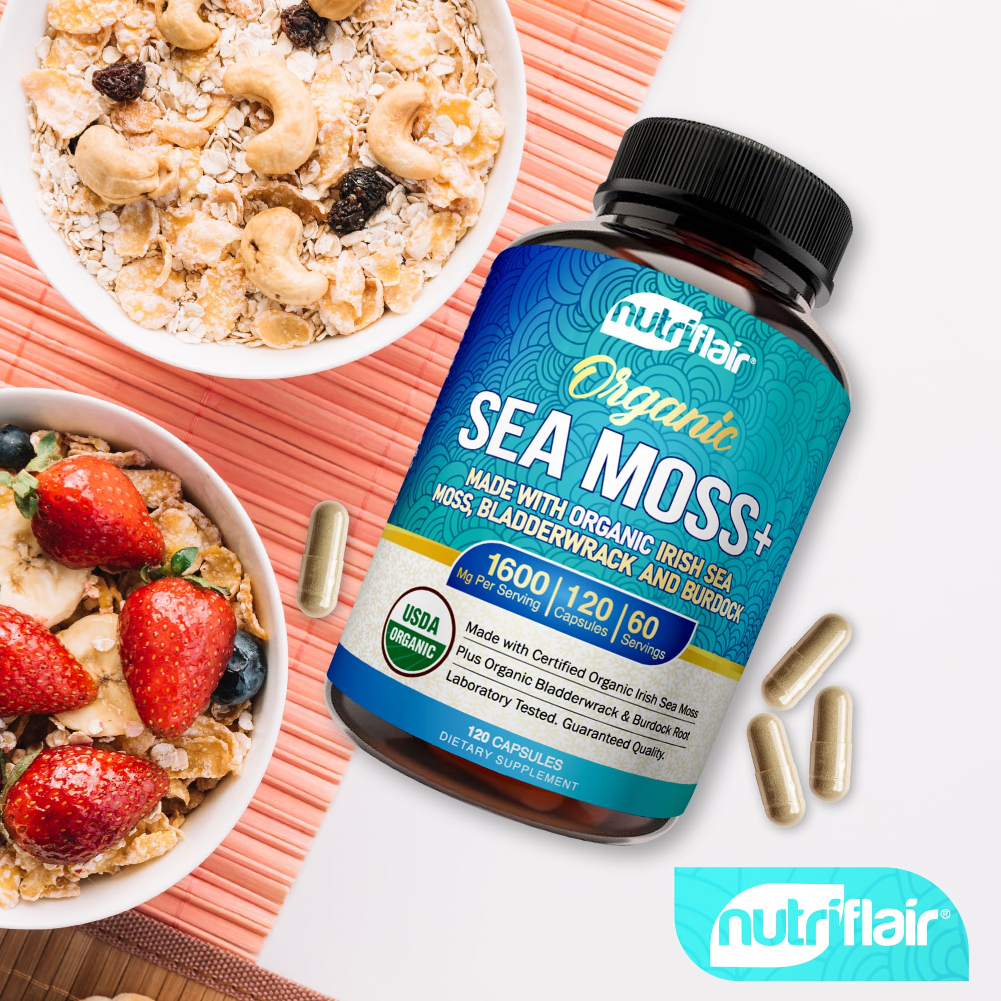 NutriFlair Organic Sea Moss 1600mg, 120 Capsules Plus Bladderwrack & Burdock - Prebiotic Super Food - Immune System & Digestive Health - Thyroid, Healthy Skin, Keto Detox, Gut NutriFlair uk supplements