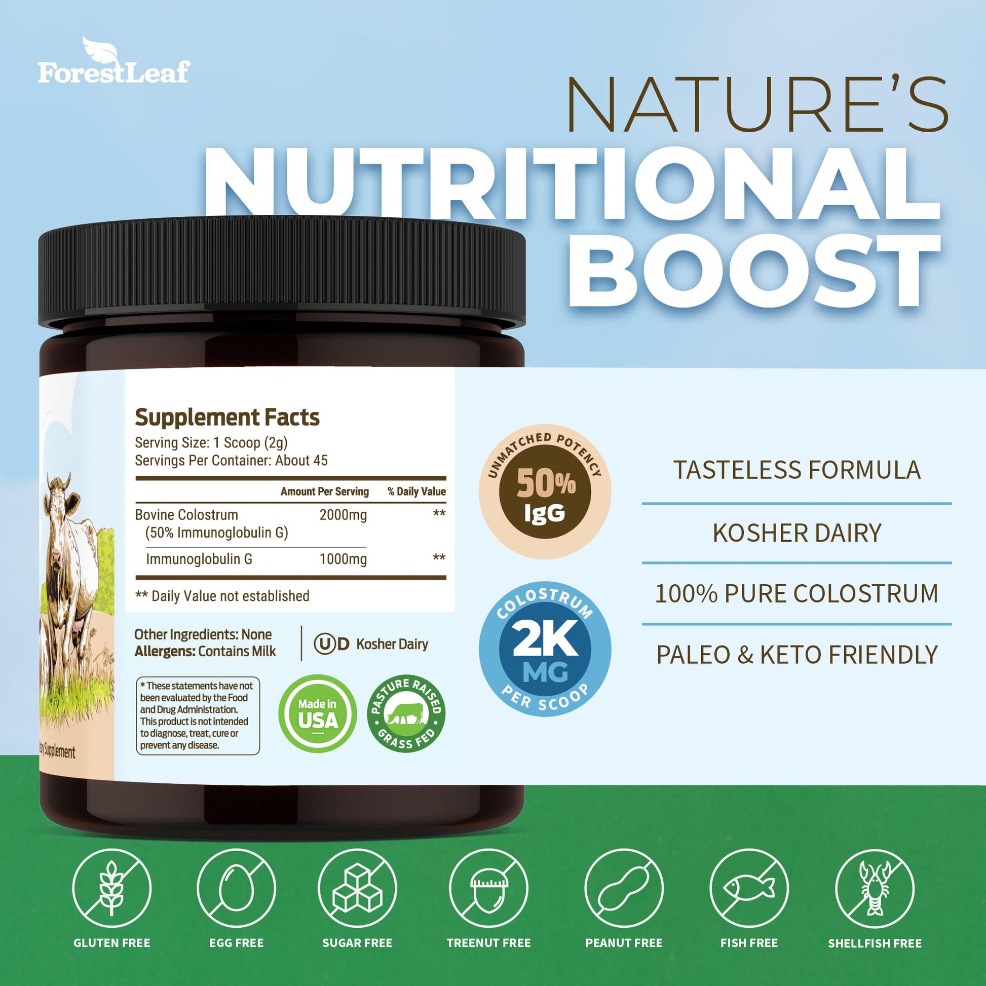 ForestLeaf Colostrum Powder 50% IgG Highest Pure Concentration, Grass Fed Colostrum Supplement for Gut Health, Immune Support and Muscle Recovery, Bovine Colostrum for Humans, Unflavored, 45 Servings ForestLeaf uk supplements