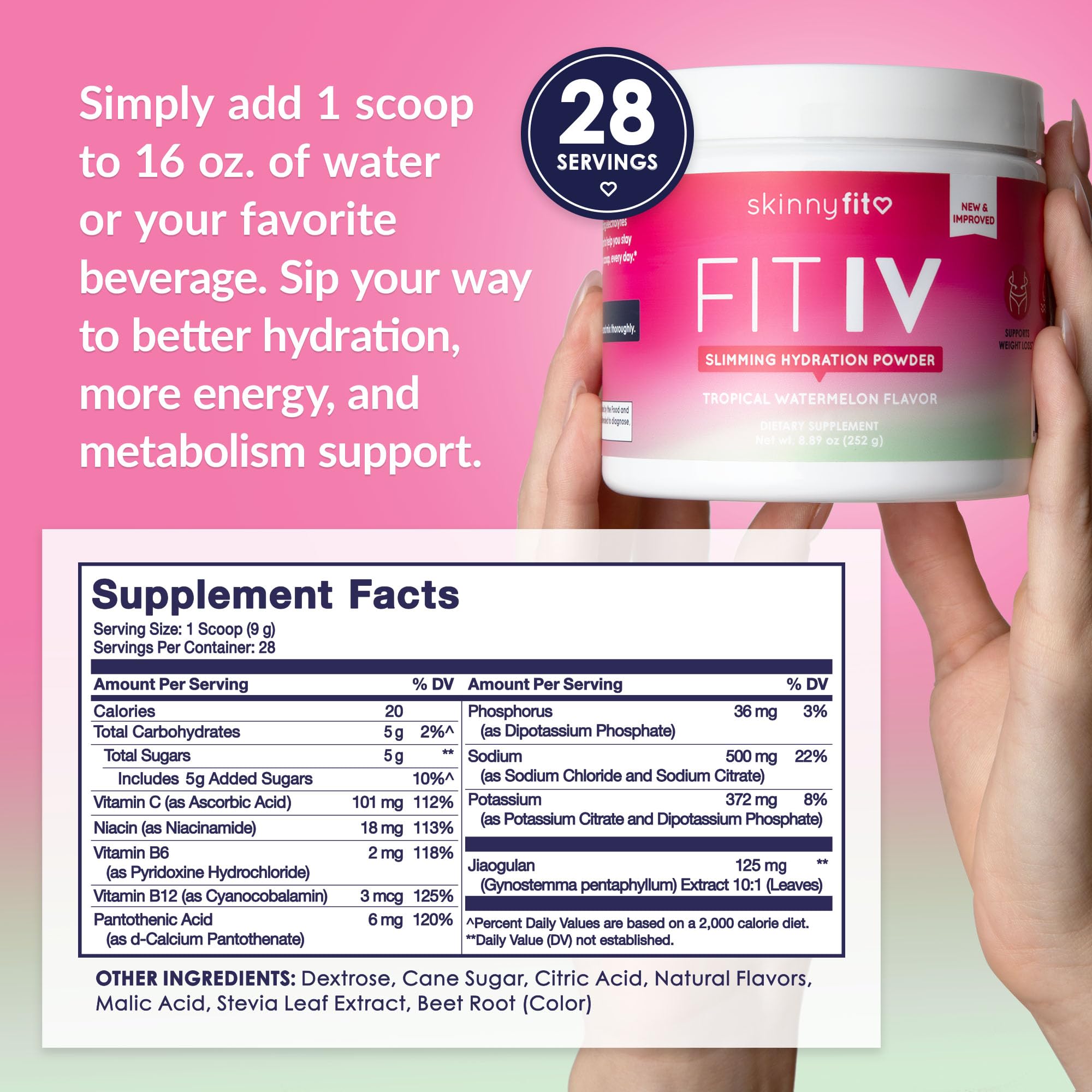 SkinnyFit - Fit IV Slimming Hydration Powder, Tropical Watermelon (Jar, 28 Scoops) - New & Improved Formula - Electrolytes, Vitamin C, Vitamin B3 - Vegan, Gluten Free, Dairy Free - Beauty & Self Care SkinnyFit uk supplements