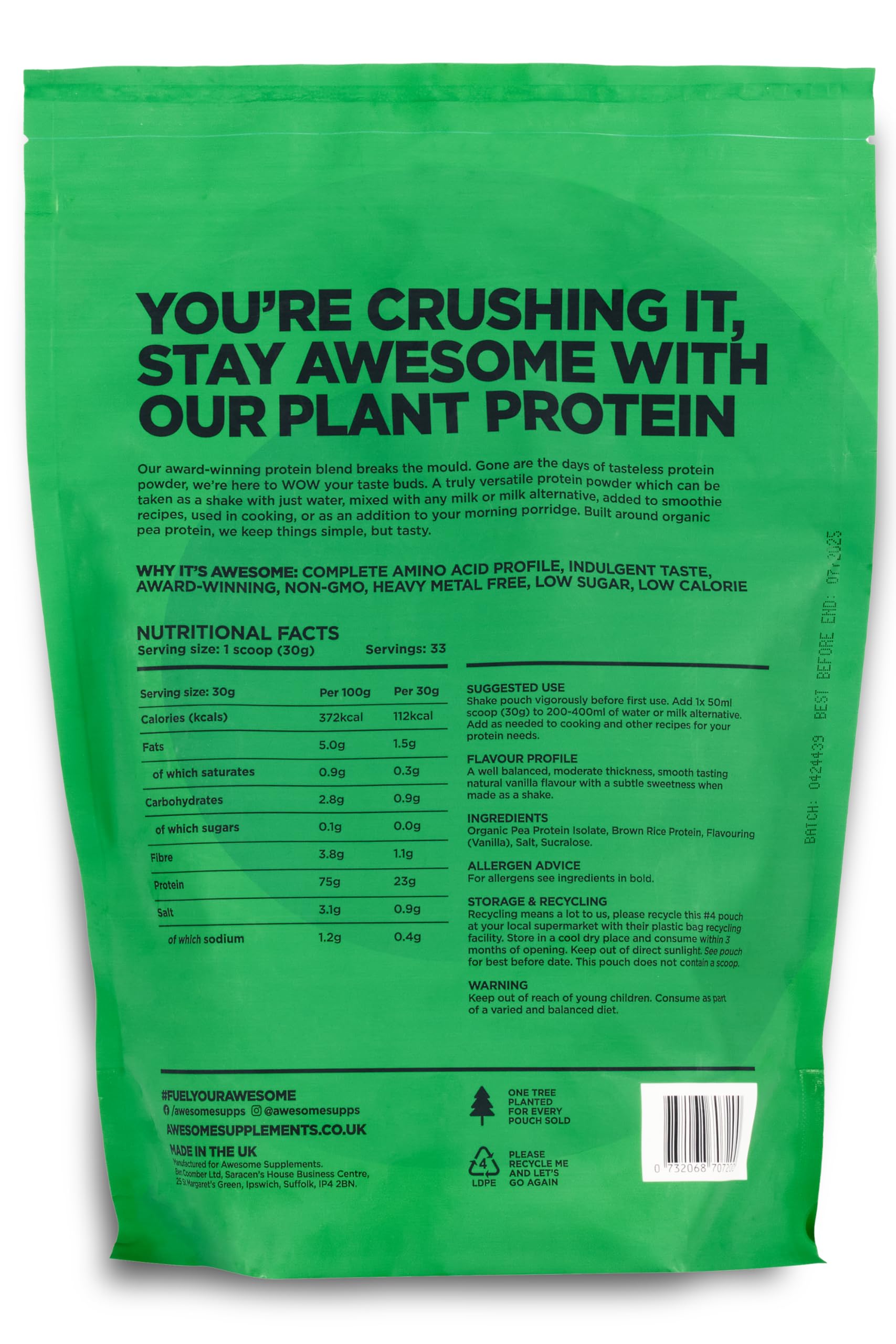 Vanilla Awesome Protein Powder by Ben Coomber | 1kg Vegan Organic Flavoured Protein Ben Coomber uk supplements