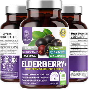 N1N Premium Black Elderberry Capsules for Adults [Max Strength] Pure and Potent Elderberry from Sambucus Nigra to Support Immunity & Skin Health, Non-GMO, Gluten Free, 60 Veg Caps Number One Nutrition uk supplements