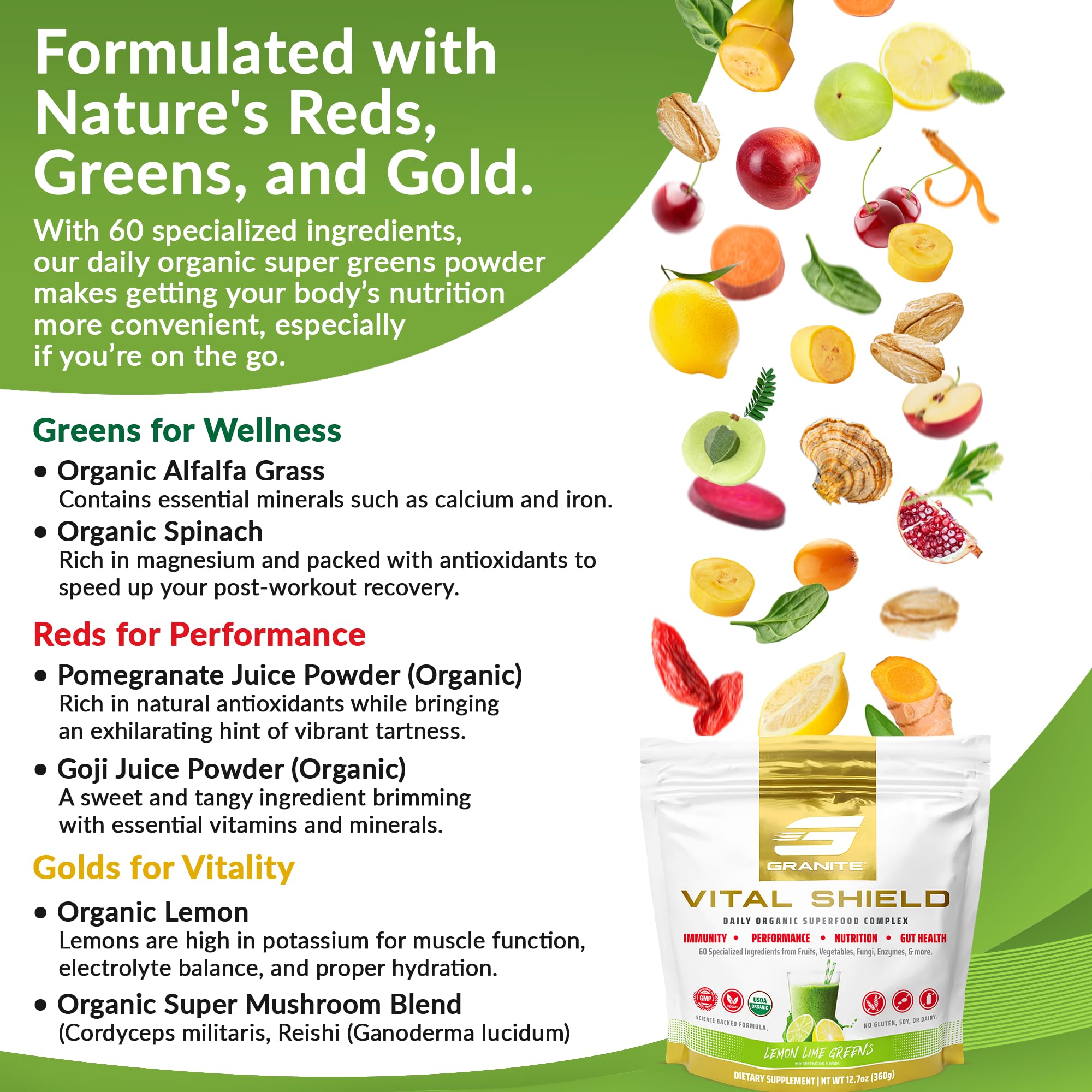 Granite Nutrition Vital Shield - USDA Organic Superfood Greens with Mushrooms & Tart Cherry – Supports Energy, Immune Function & Digestive Health – Lemon Lime Flavor (30 Servings) Granite Supplements uk supplements