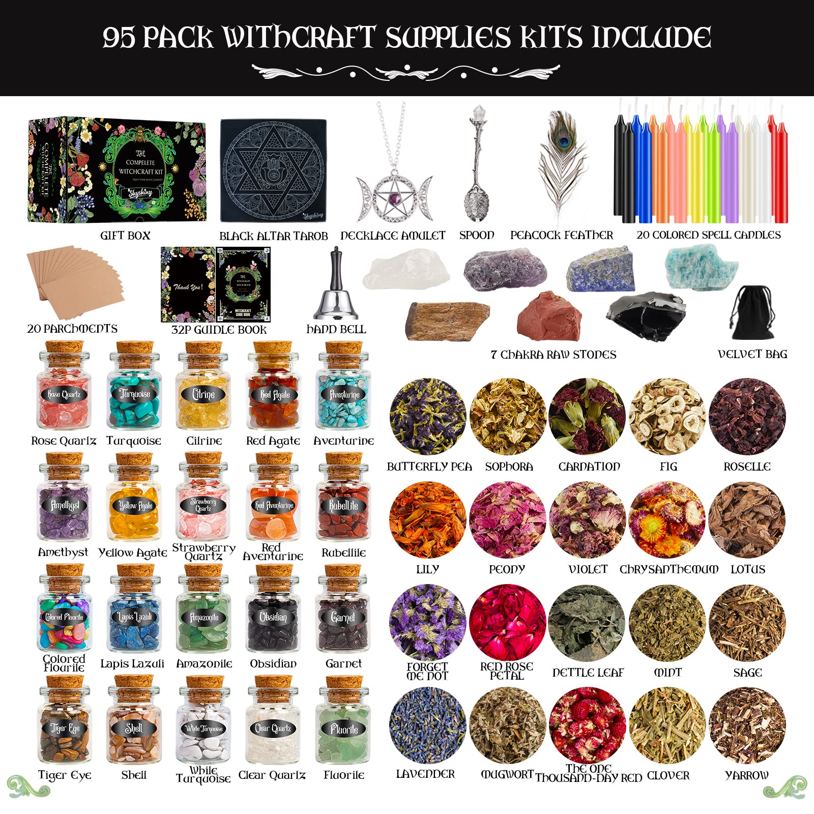 SHYSHINY Witchcraft Supplies Kit for Wiccan Spells, 95 Pack of 7 Chakra Stones, Crystals, Dried Herbs SHYSHINY uk supplements