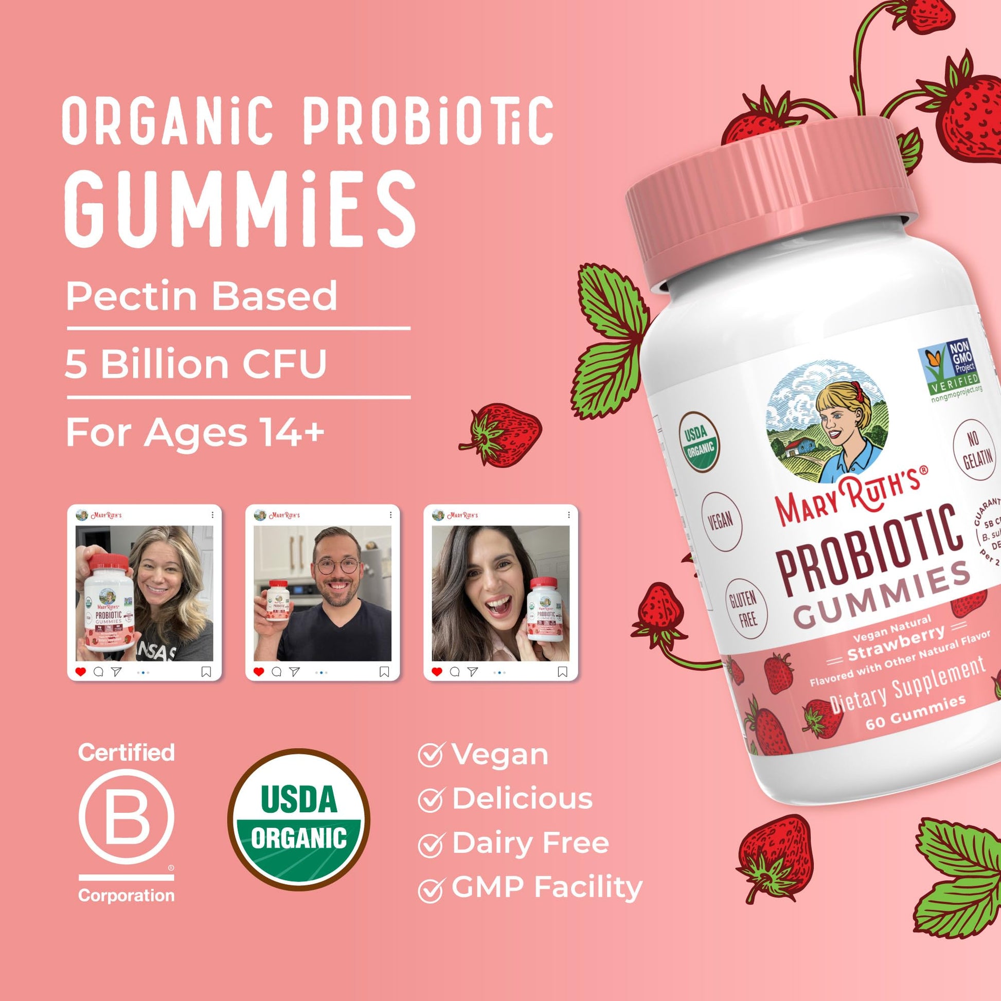 MaryRuth Organics USDA Organic Probiotic Gummies |Probiotics forWomen & Men Digestive Health & Gut Comfort Supplement 5 Billion CFU | Immune & Digestive Support | Vegan | Non-GMO | 60 Count MARYRUTH'S uk supplements