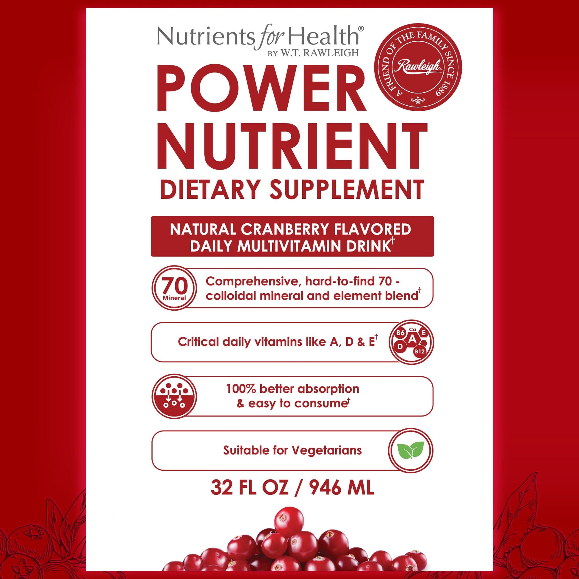 Rawleigh Power Nutrient: 32 fl oz for 1 Month - Cranberry Flavor, Daily Multivitamin Liquid Supplement for Men, Women with VIT. A - zinc & 70 Colloidal Trace Minerals, Vegetarian-Friendly, GMO Free Rawleigh uk supplements