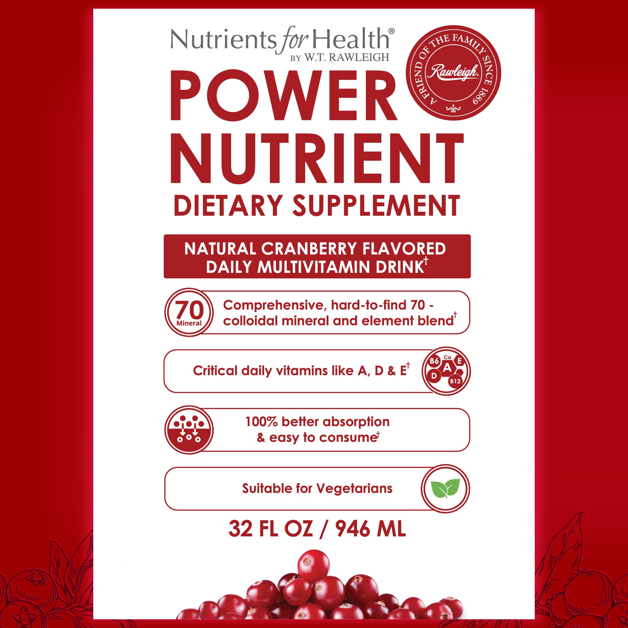 Rawleigh Power Nutrient: 32 fl oz for 1 Month - Cranberry Flavor, Daily Multivitamin Liquid Supplement for Men, Women with VIT. A - zinc & 70 Colloidal Trace Minerals, Vegetarian-Friendly, GMO Free Rawleigh uk supplements