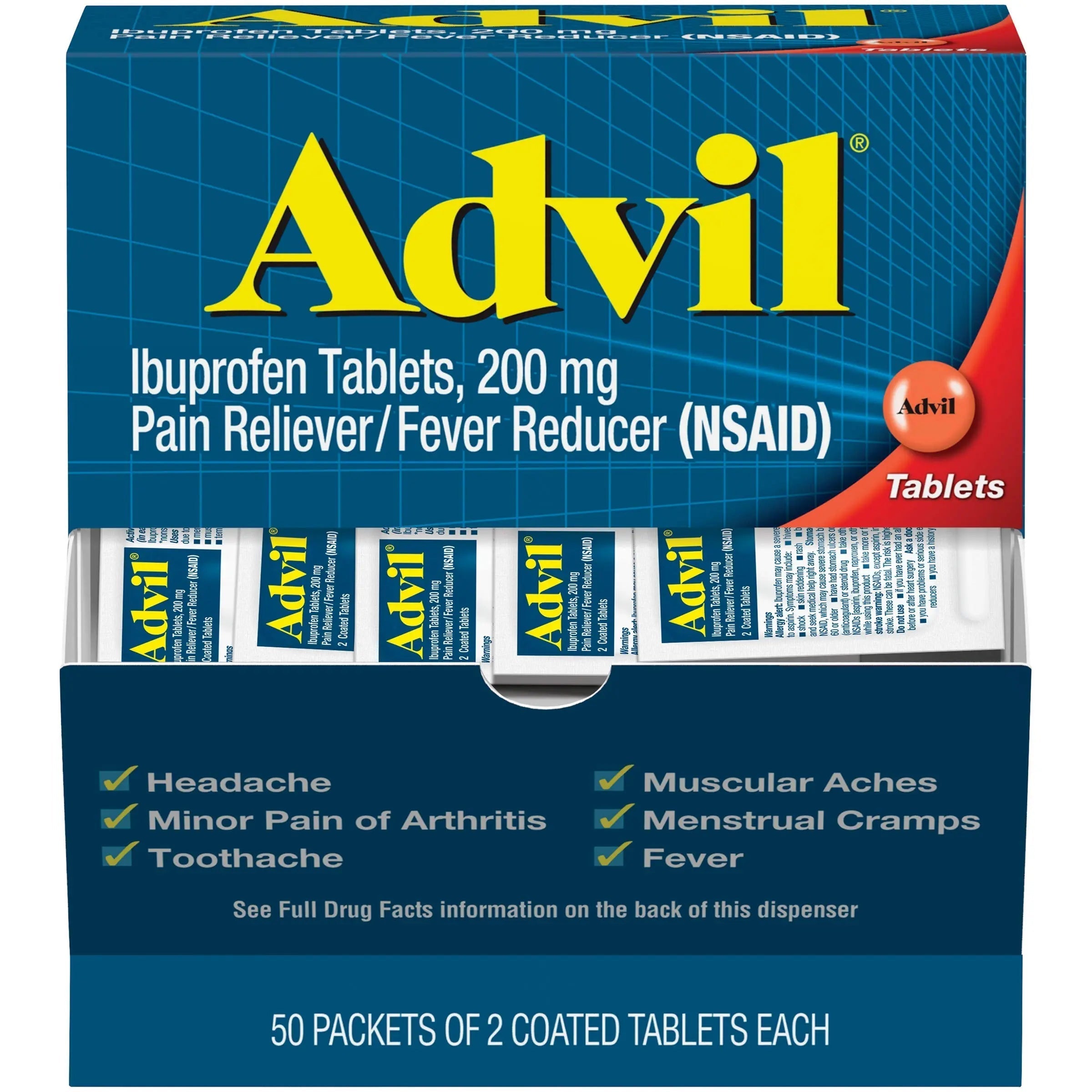 Advil Pain Reliever and Fever Reducer, Pain Relief Medicine with Ibuprofen 200mg for Headache, Backache, Menstrual Pain and Joint Pain Relief - 50x2 Coated Tablets Advil uk supplements