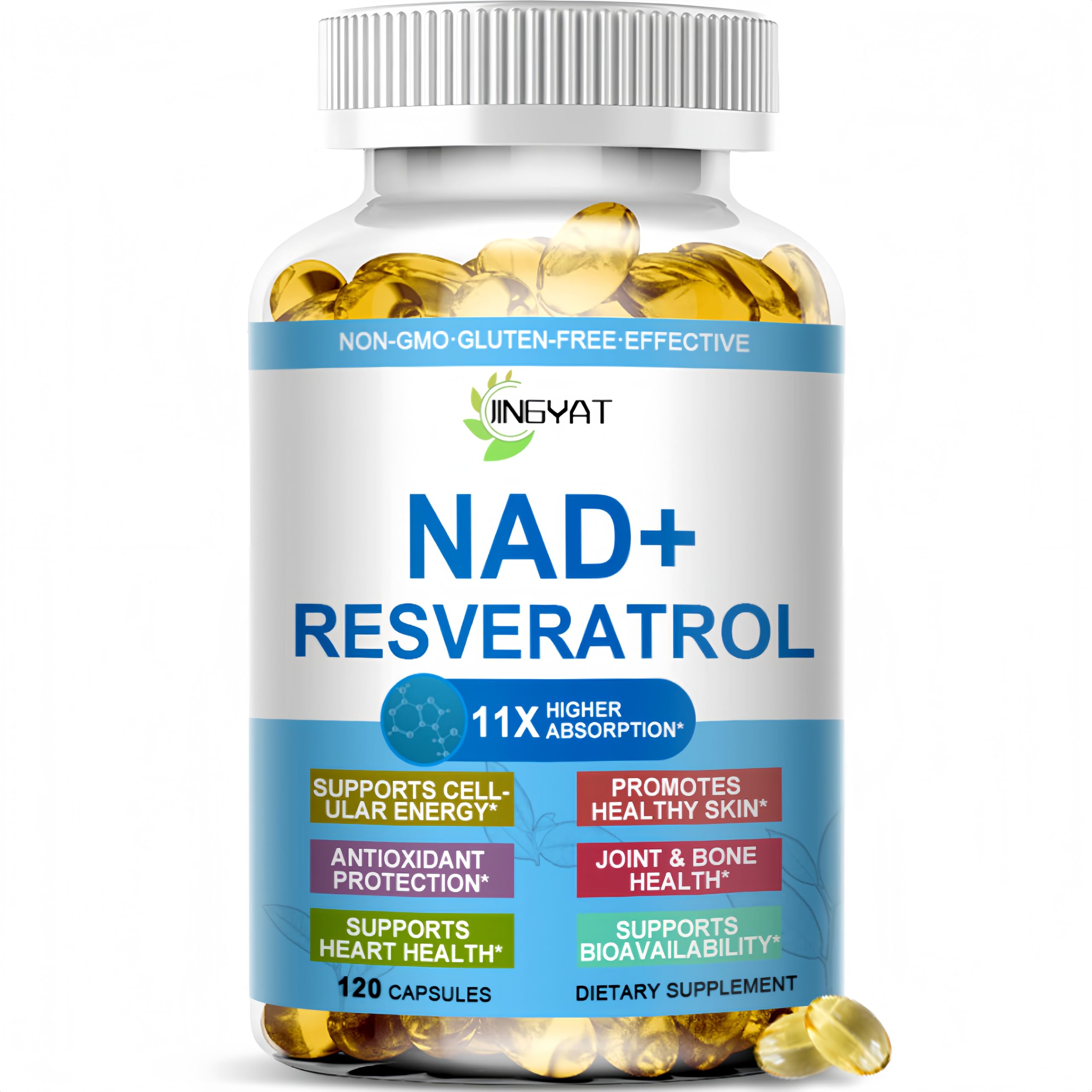 JINGYAT 11-in-1 NAD Supplement with Resveratrol, CoQ10, Quercetin, Collagen, Grape Seed for Cellular Energy, Mental Focus & Antioxidant Support - NAD Supplement for Women & Men, 120 Soft Capsules JINGYAT uk supplements