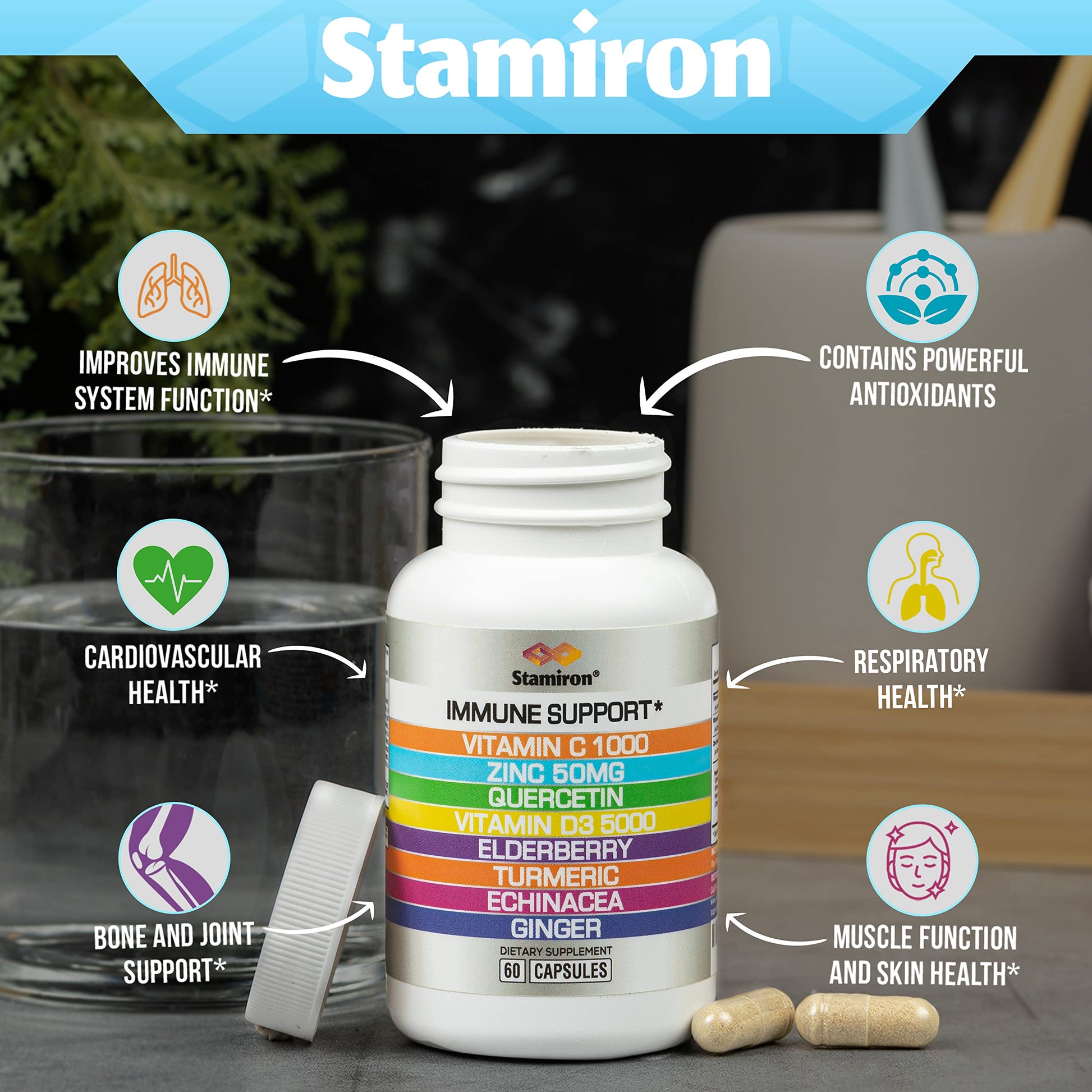 8 in 1 Immune Support with Quercetin Zinc 50mg Vitamin C 1000mg Vitamin D3 5000 IU and Elderberry Echinacea Ginger for Adults Kids - VIT D Supplement Veg Capsules Stamiron uk supplements