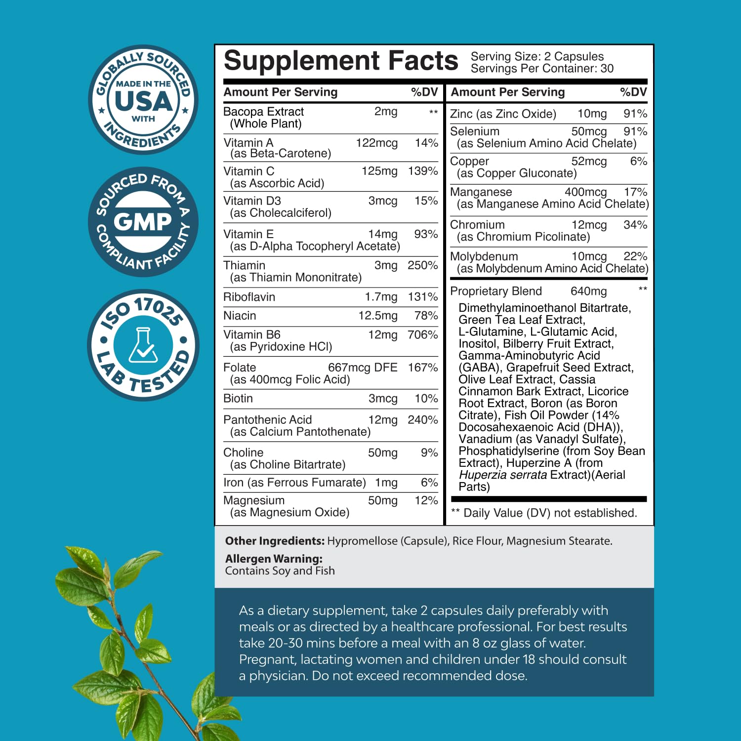 Nootropic Brain Supplement for Memory and Focus Support - Vitamins for Mental Support & Clarity with Bacopa Monnieri, VIT A, B6, Riboflavin, Niacin, Thiamin & Folate - Cognitive Complex - 60 Count Natures Craft uk supplements