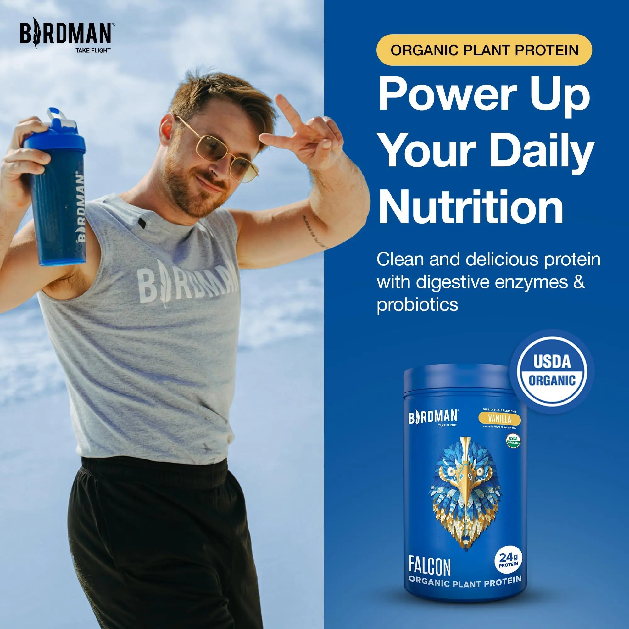 BIRDMAN Falcon Organic Vegan Protein Powder Vanilla, 24g Protein, Sugar Free, Probiotics, Low Carb, Keto Friendly, Dairy Free, Lactose Free, Non Whey BIRDMAN uk supplements