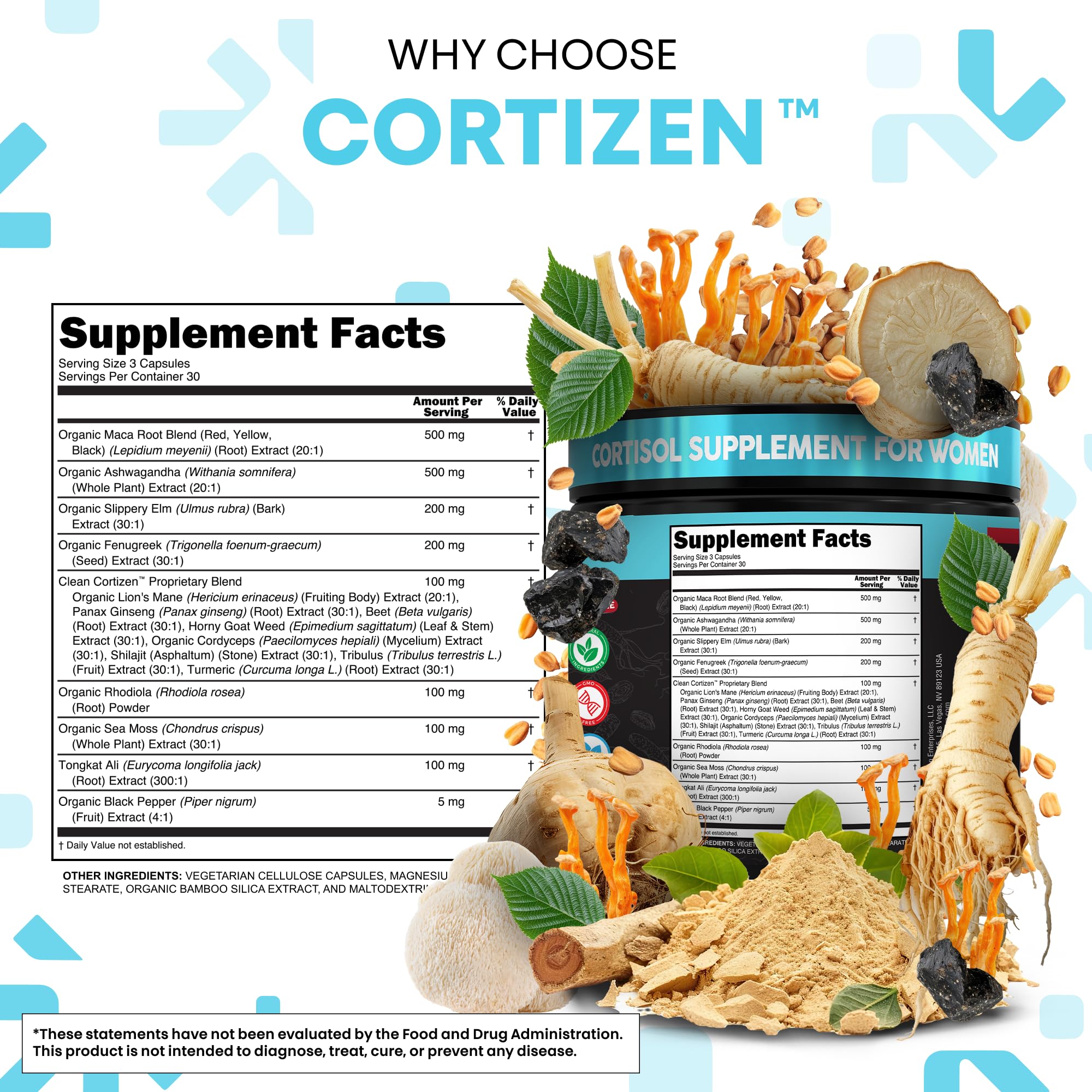Clean Nutra Cortisol Supplements For Women | Maca Root Ashwagandha Cortisol Detox Manager Reducer + Slippery Elm Fenugreek Lions Mane Shilajit Rhodiola Sea Moss Tongkat Ali Cordyceps Ginseng Beet Root Clean Nutraceuticals uk supplements