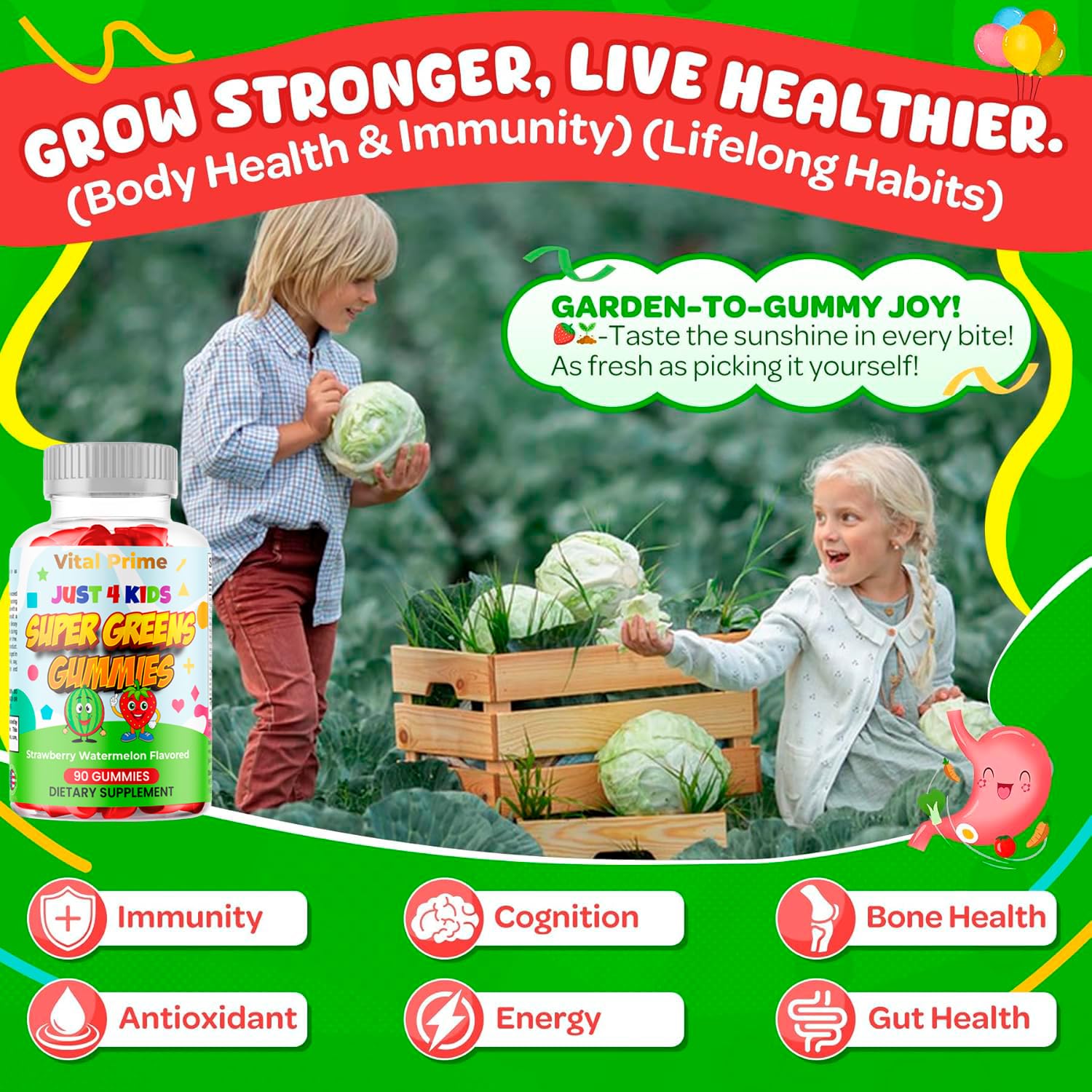 FourRoar Vital Prime Super Green Gummies for Kids 90 Count Strawberry & Watermelon Flavor | Fruit and Vegetable Gummies | Vegan Veggies Gummy Multivitamin for Kids FourRoar uk supplements