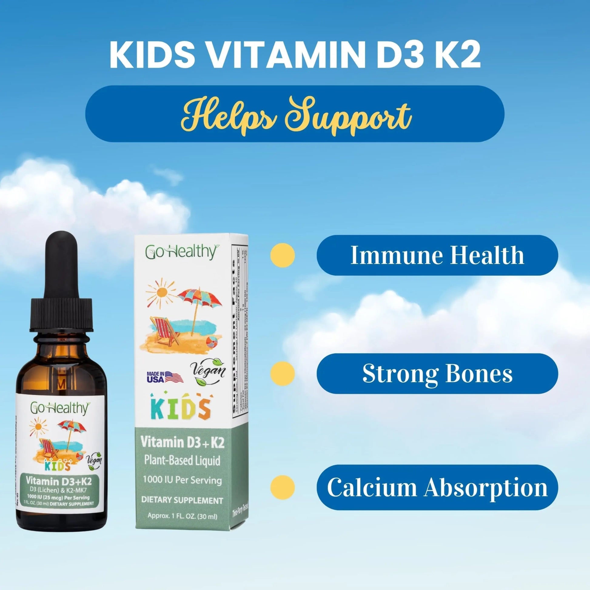 Go Healthy Kids Vitamins D3 K2 (MK-7), Child Vitamin D, Liquid Vegan D3 K2 Drops for Kids Go Healthy Natural uk supplements