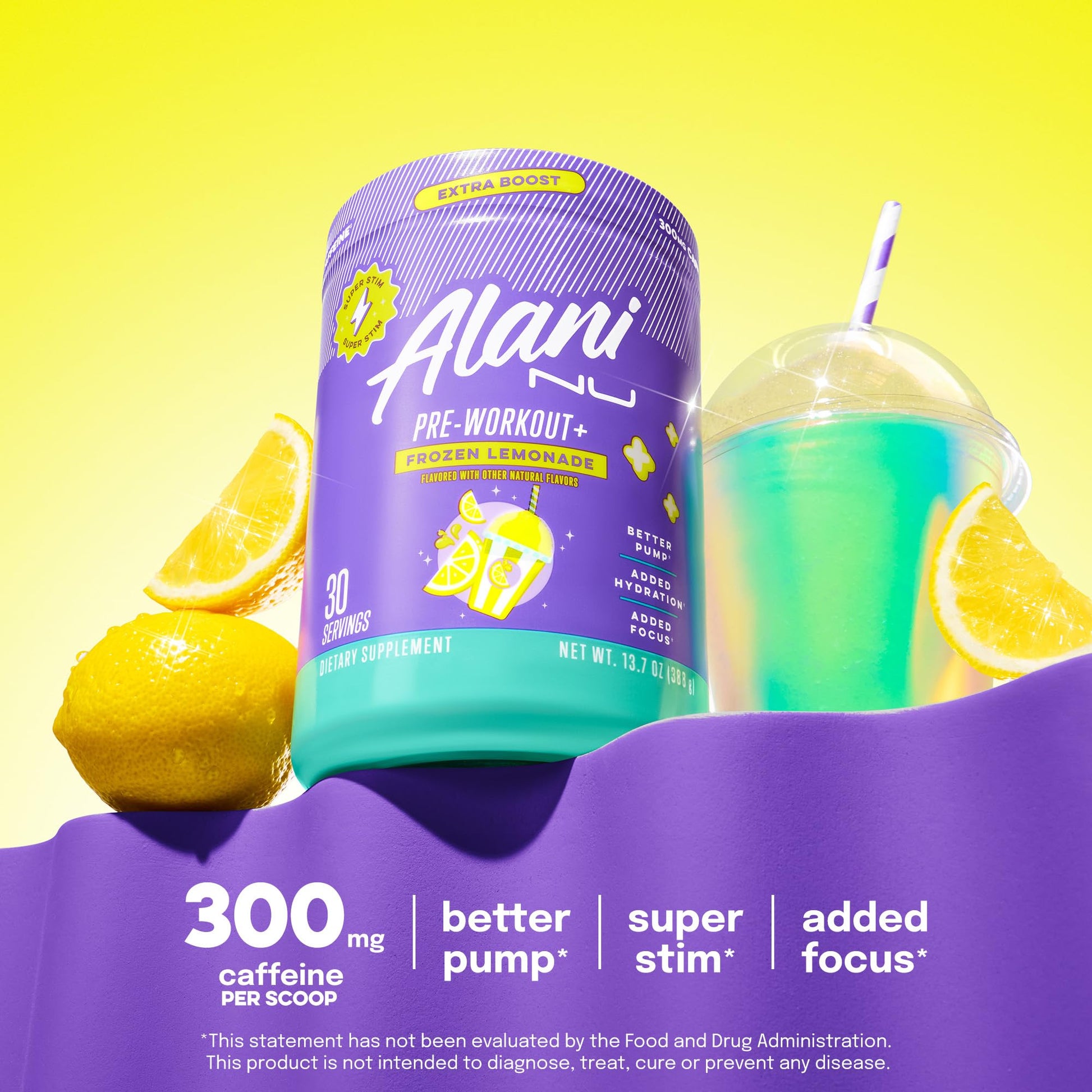 Alani Nu Pre Workout+ Powder Frozen Lemonade, Extra Boost, Sugar Free, 300mg Caffeine, L-Theanine, Beta-Alanine, Citrulline, 30 Servings Alani Nu uk supplements