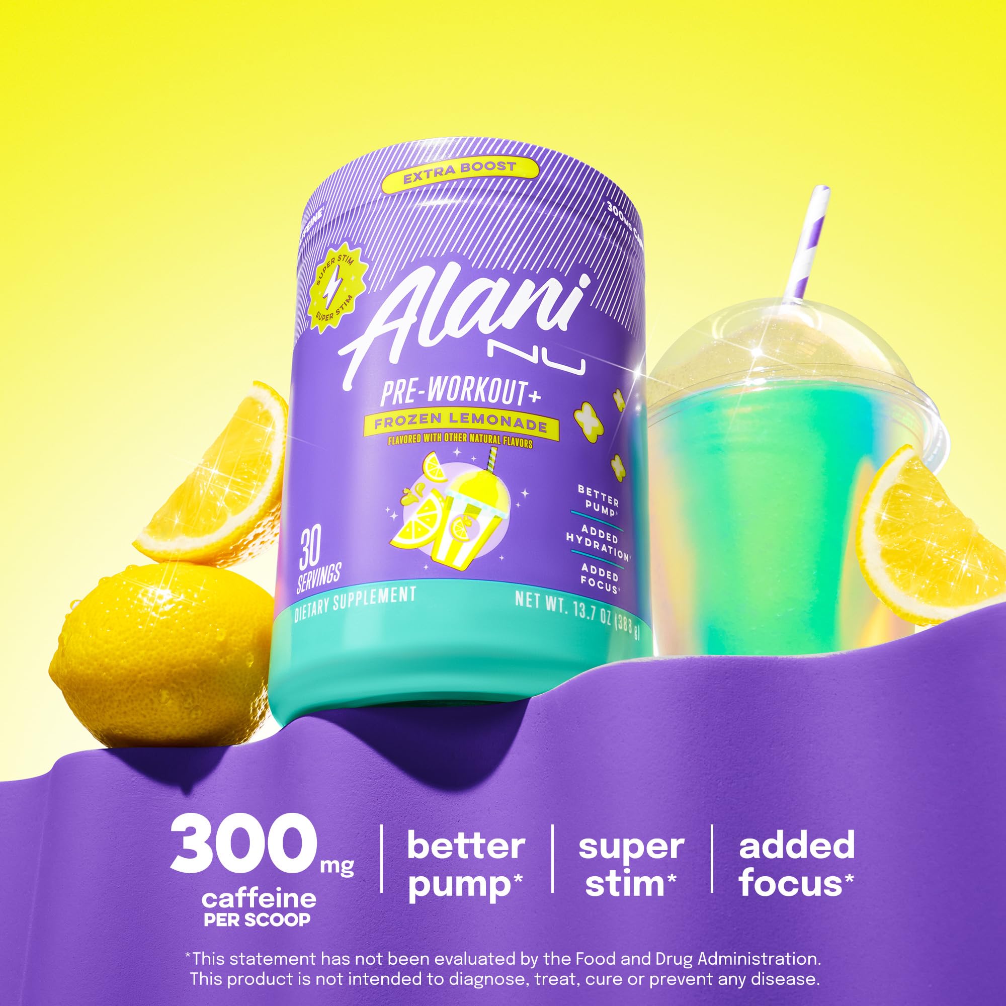 Alani Nu Pre Workout+ Powder Frozen Lemonade, Extra Boost, Sugar Free, 300mg Caffeine, L-Theanine, Beta-Alanine, Citrulline, 30 Servings Alani Nu uk supplements
