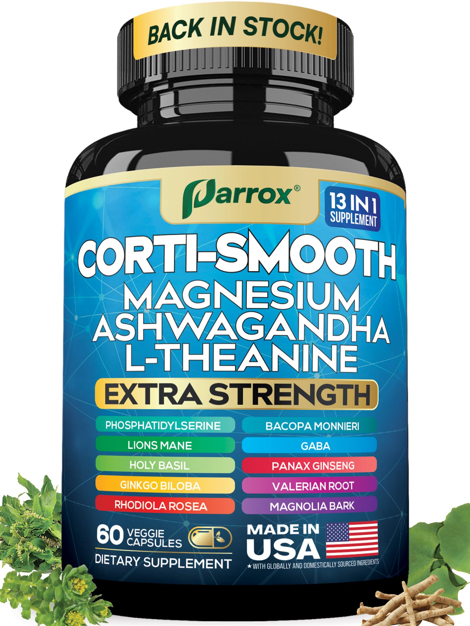 Parrox Corti-Smooth Cortisol Supplement Magnesium, L-Theanine, Ashwagandha, Phosphatidylserine, Valerian Root, Lions Mane, Bacopa Monnieri, Ginkgo Biloba, Panax Ginseng, Magnolia Bark, GABA (60 Caps) Parrox uk supplements