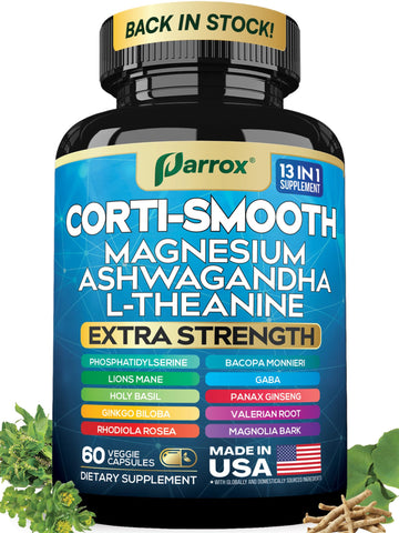 Parrox Corti-Smooth Cortisol Supplement Magnesium, L-Theanine, Ashwagandha, Phosphatidylserine, Valerian Root, Lions Mane, Bacopa Monnieri, Ginkgo Biloba, Panax Ginseng, Magnolia Bark, GABA (60 Caps) Parrox uk supplements