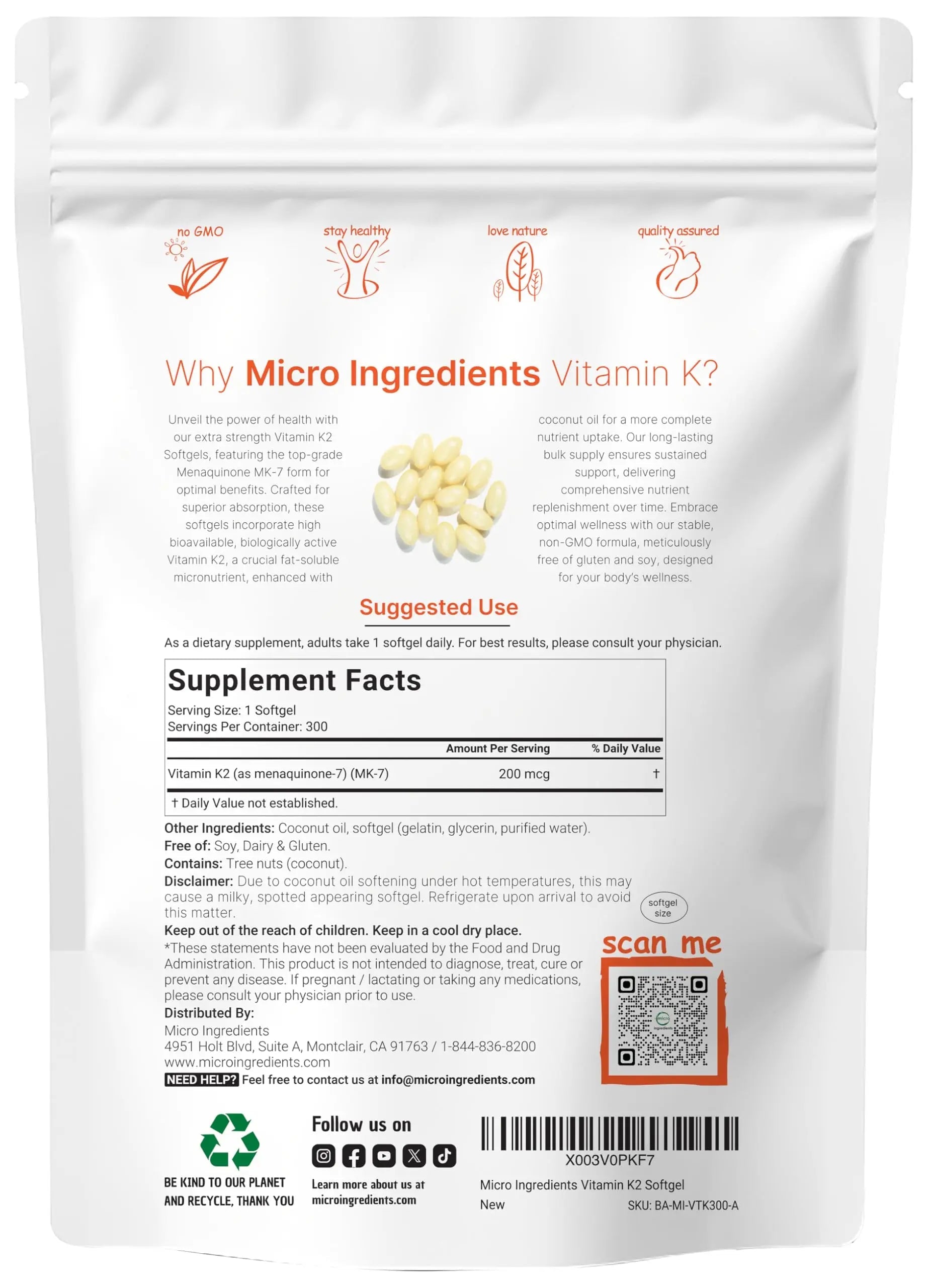 Micro Ingredients Vitamin K2 MK-7 Supplement, 200 mcg Per Serving, 300 Coconut Oil Softgles | Easily Absorbed, Active Menaquinone Form | Micro Ingredients uk supplements
